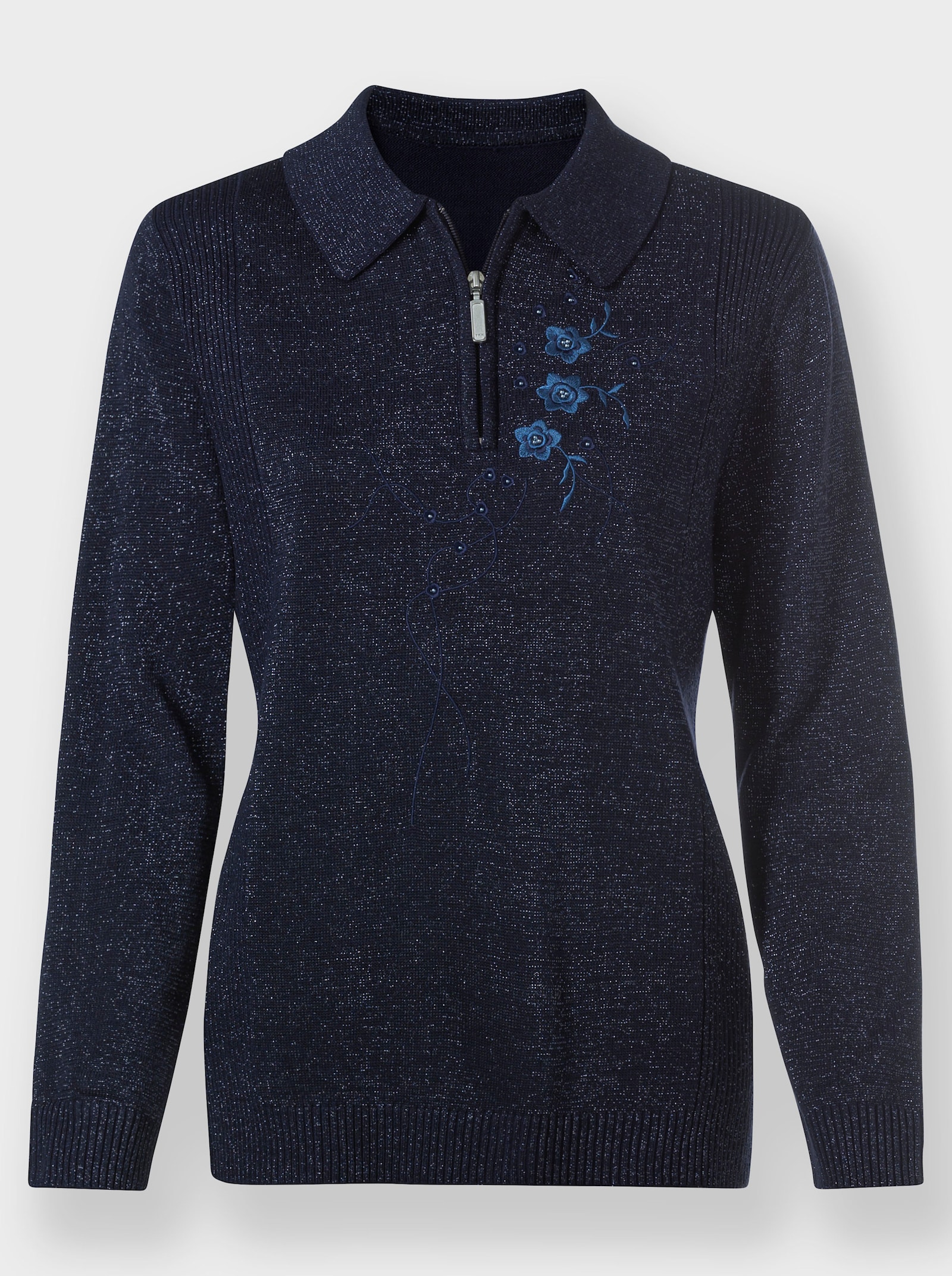 Polopullover mit Blumen-Stickerei - marine-meliert