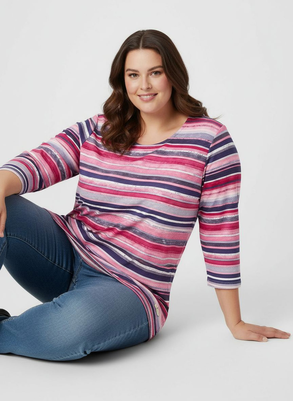 Rundhalsshirt mit 3/4-Ärmeln - altrosa-jeansblau-geringelt