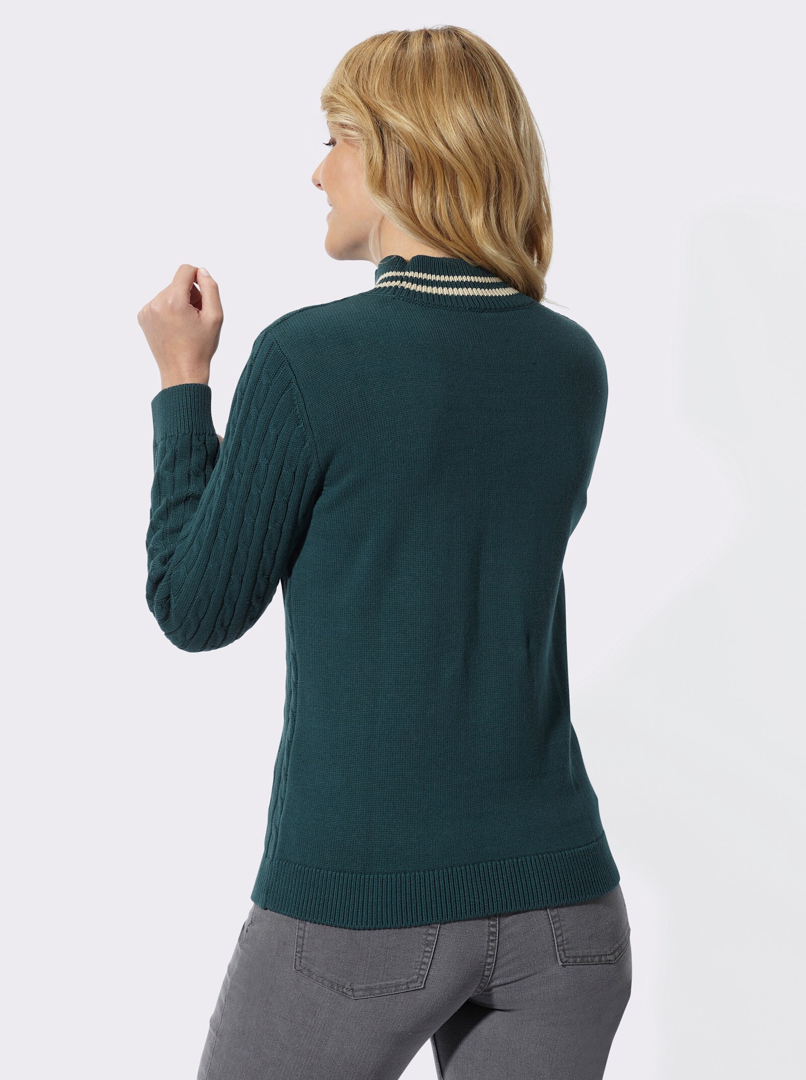Stehkragenpullover mit Zopfmuster - petrol-sand