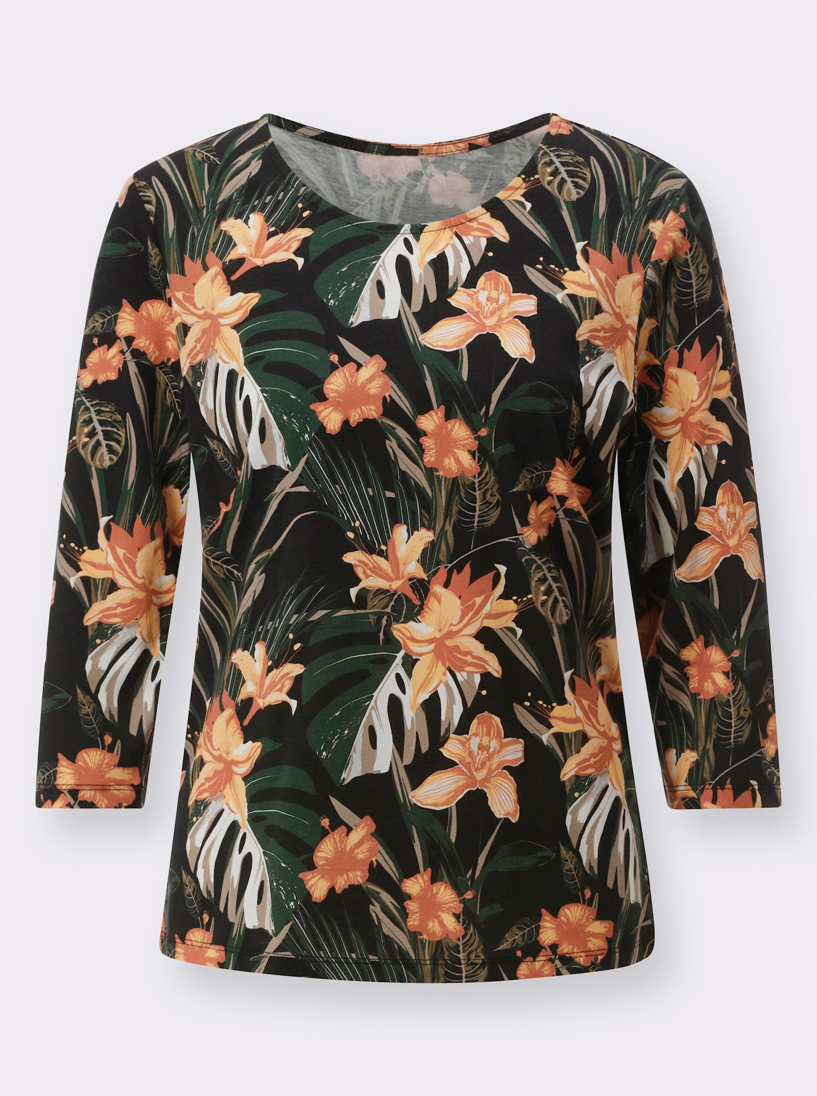 Shirt met 3/4-mouwen en bloemenpatroon - zwart/geel geprint