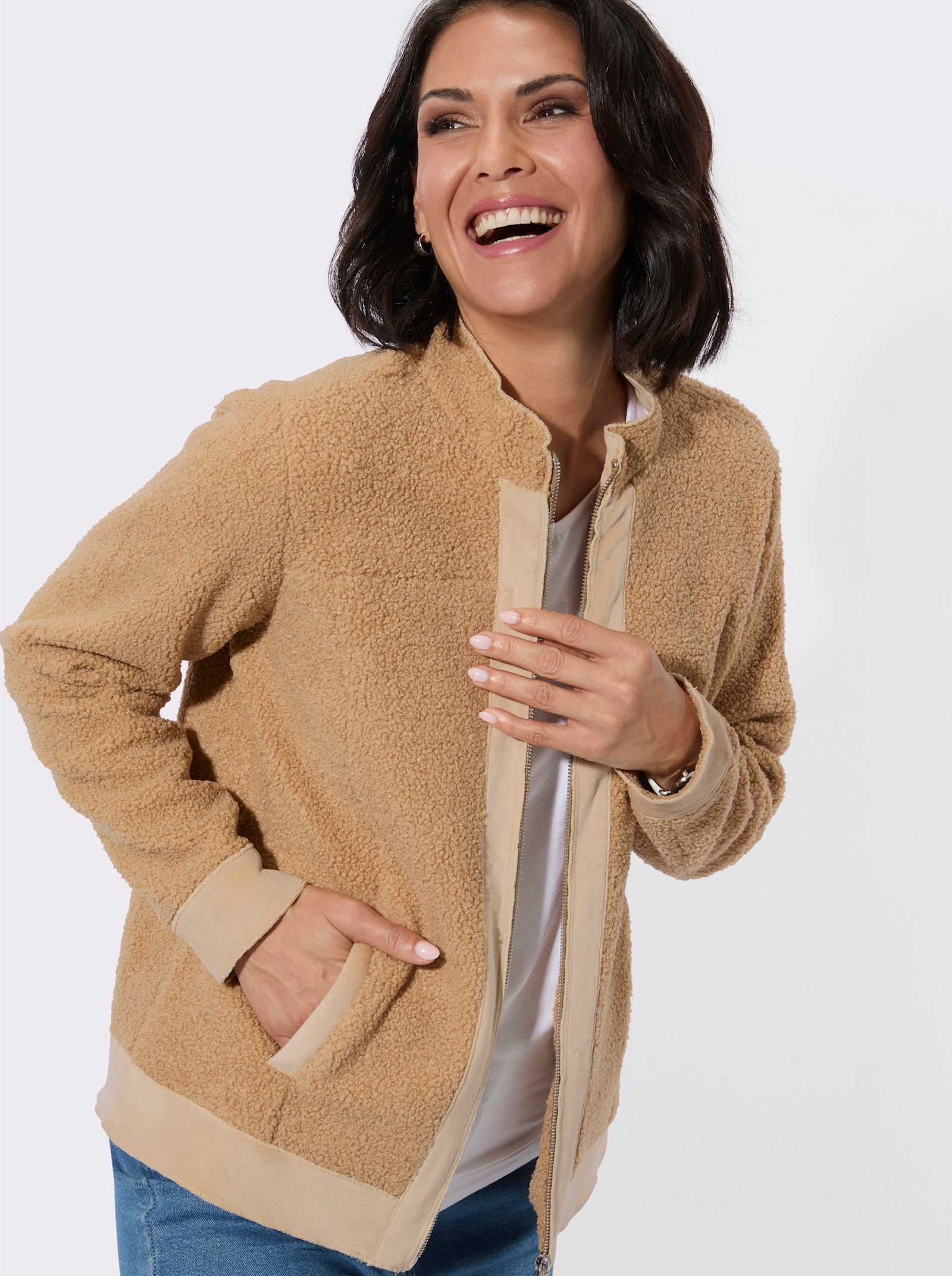 Boucléjacke mit Veloursleder-Opik - camel