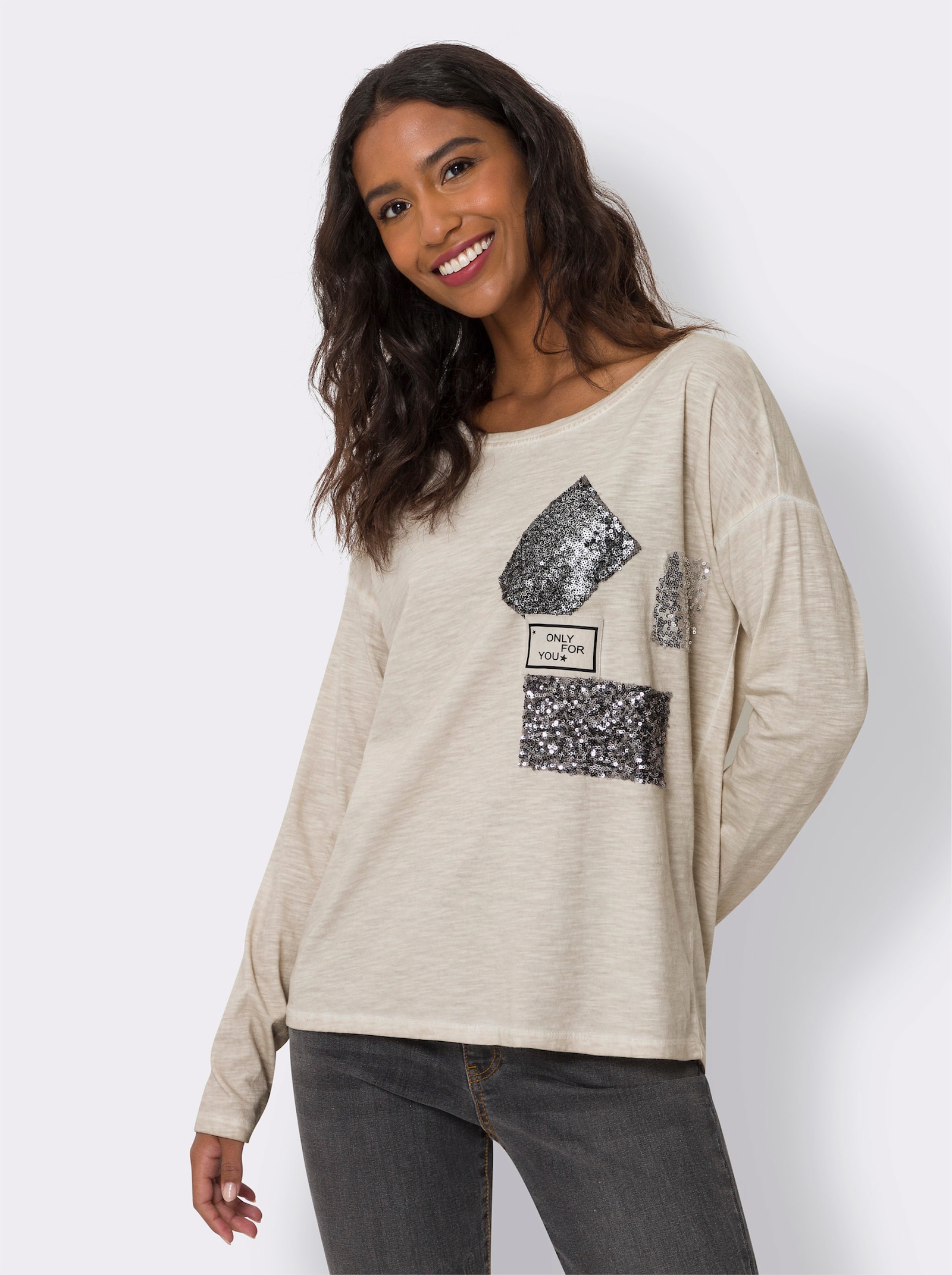 heine Langarmshirt mit Pailletten-Patch - sand