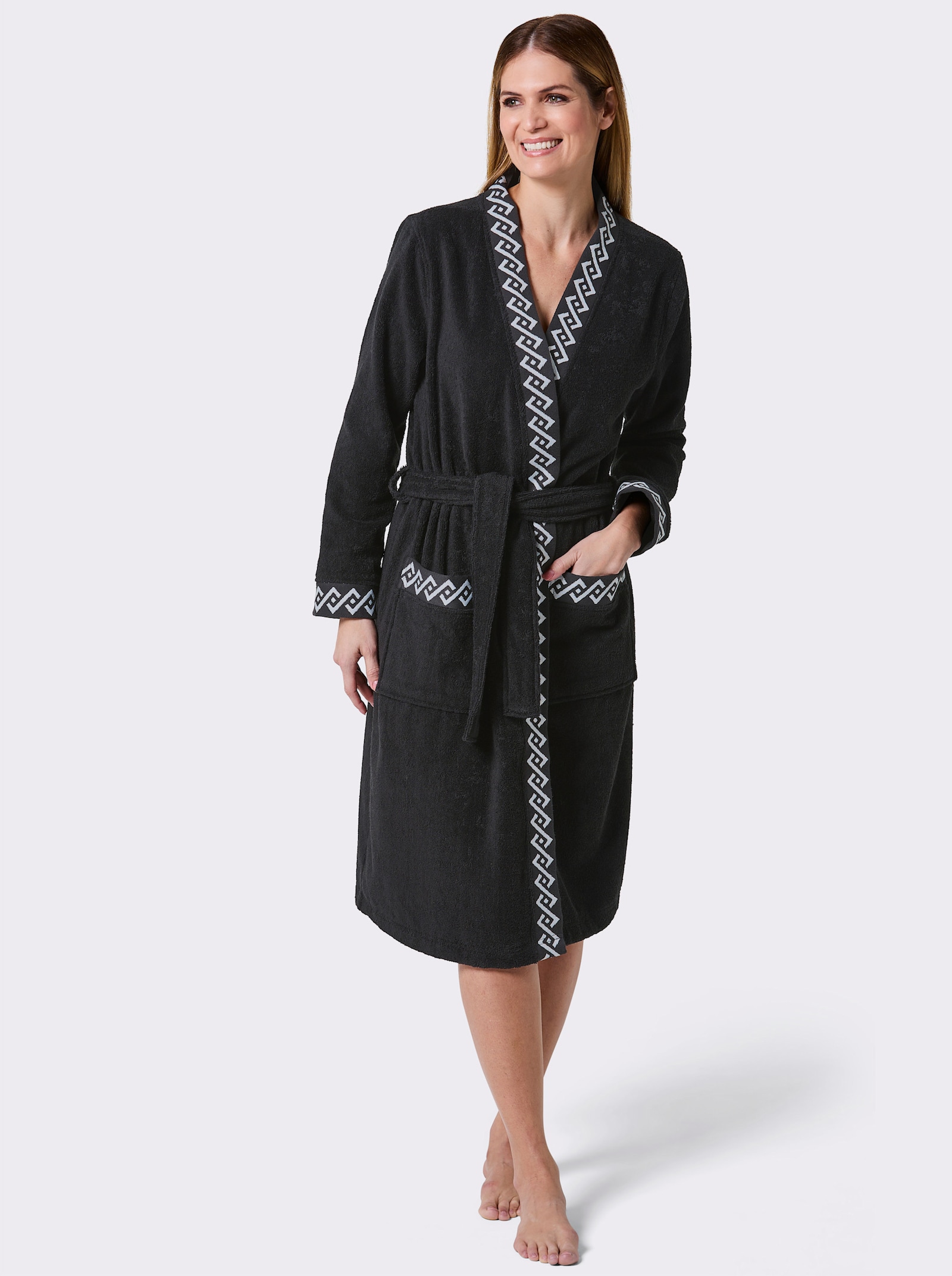 feel good Damenbademantel mit Webblende - schwarz-weiß