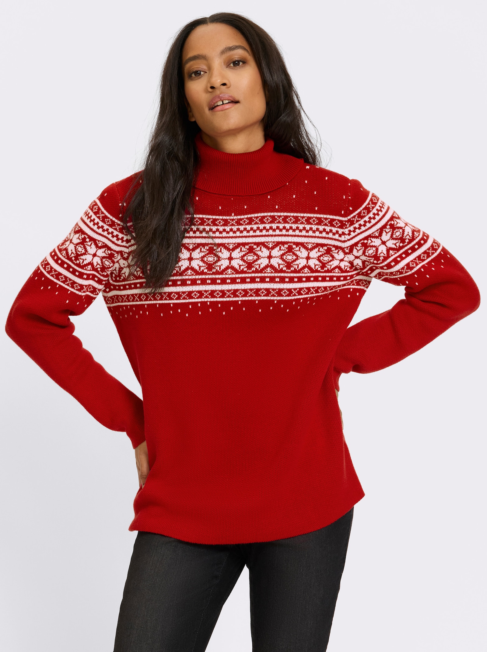 heine Jacquard-Pullover mit Norweger-Muster - rot-ecru-gemustert