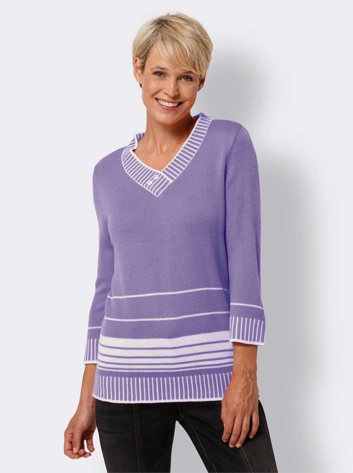 Pullover met V-hals - lavendel/wit