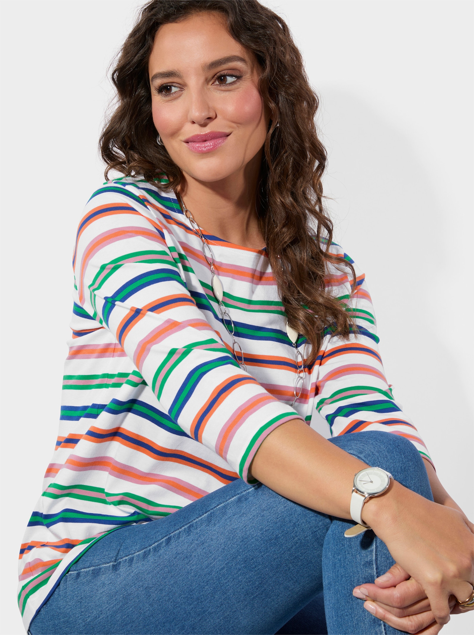 Rundhalsshirt im Ringelmuster - ecru-altrosa-geringelt