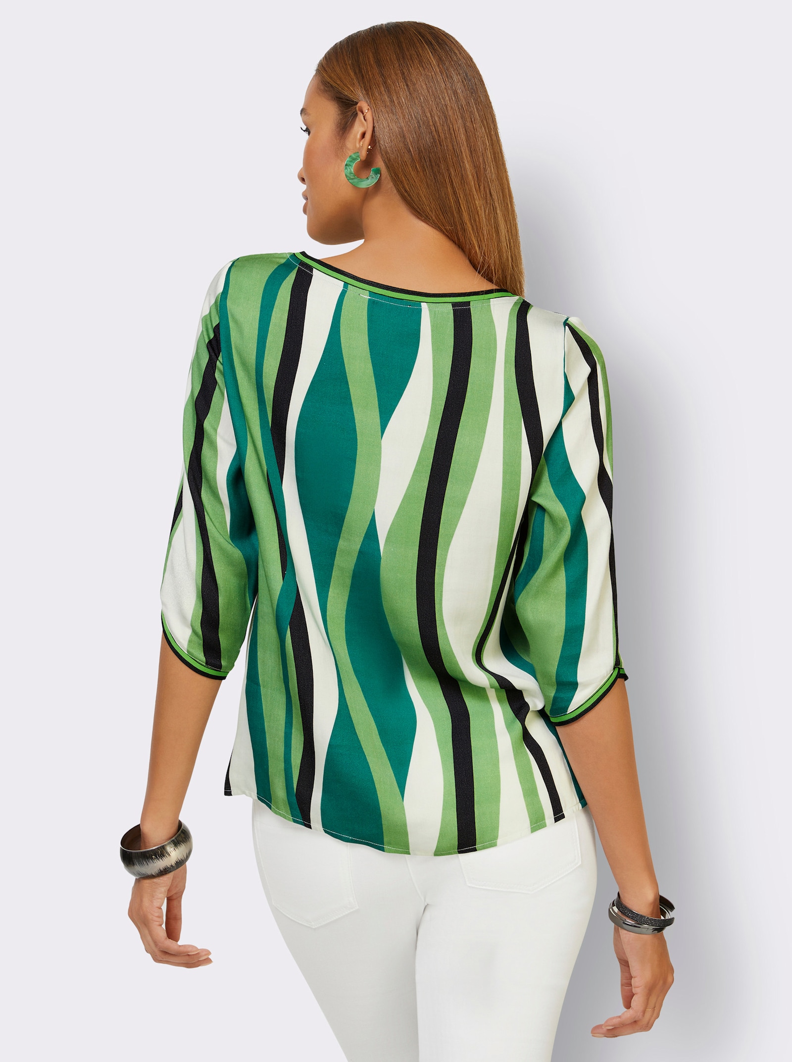 Schlupfbluse mit Strickbündchen - ecru-apfel-gemustert