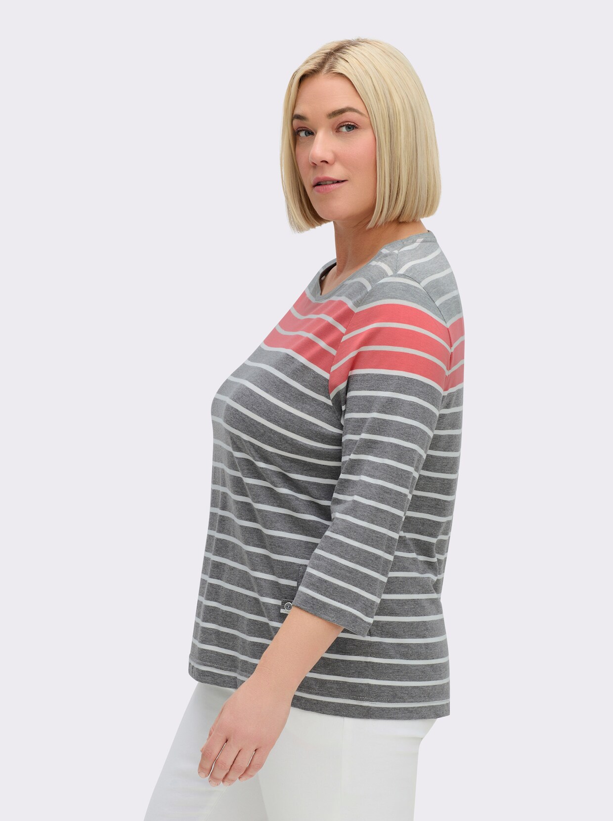 3/4-Arm-Shirt mit 2 imitierten Taschen - anthrazit-koralle-gestreift