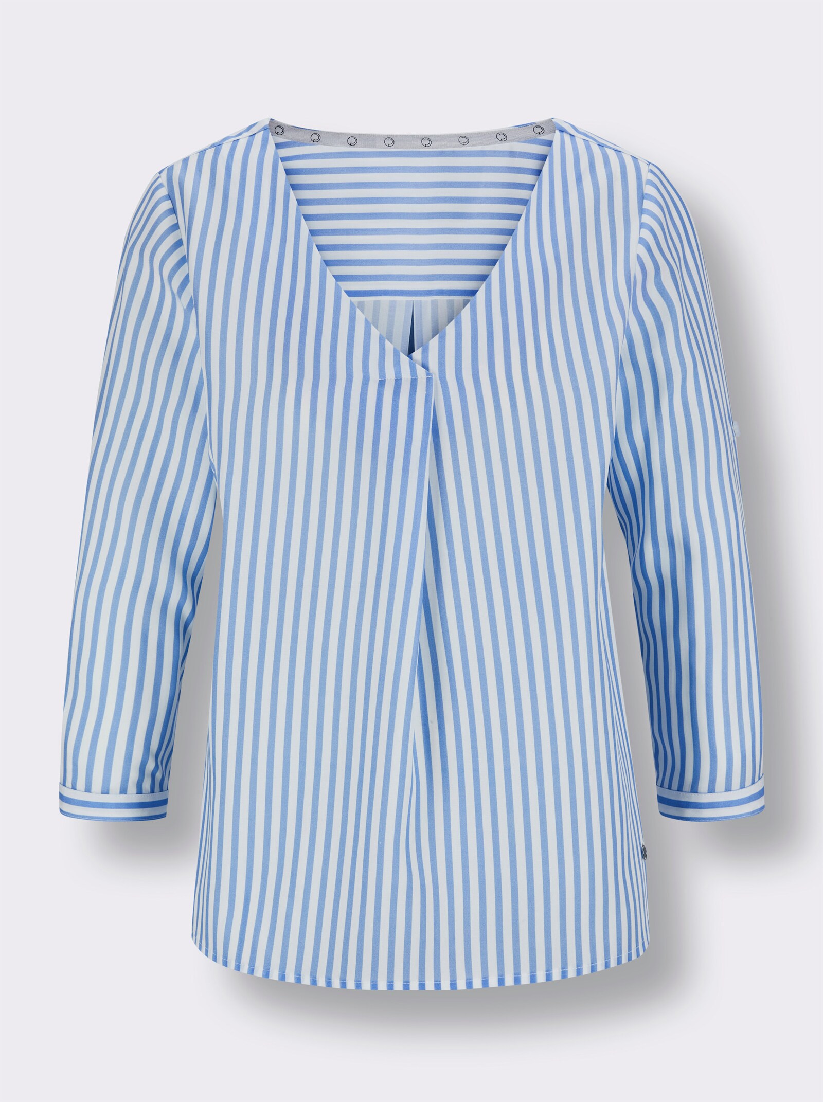 CREATION L PREMIUM Gestreifte Bluse mit Krempelärmel - himmelblau-ecru-gestreift