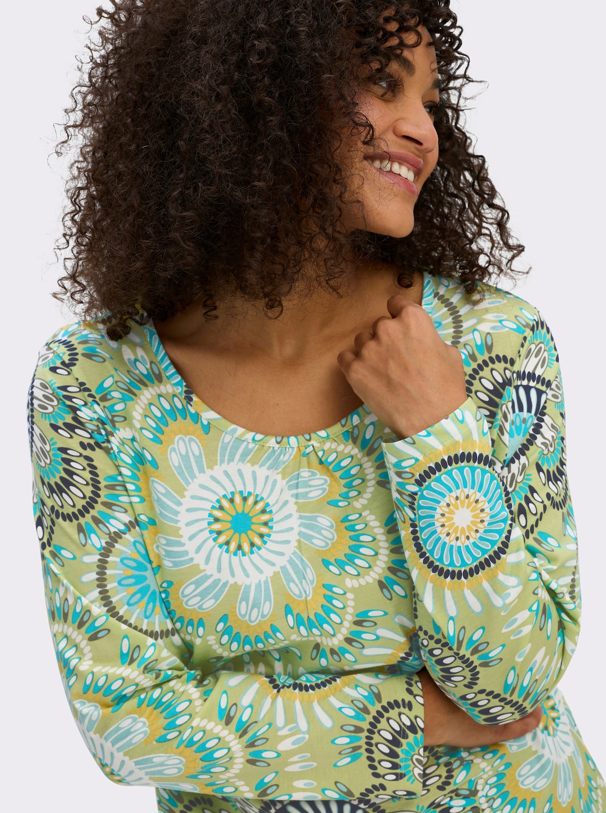 Rundhalsshirt aus reiner Baumwolle - pistazie-türkis-bedruckt