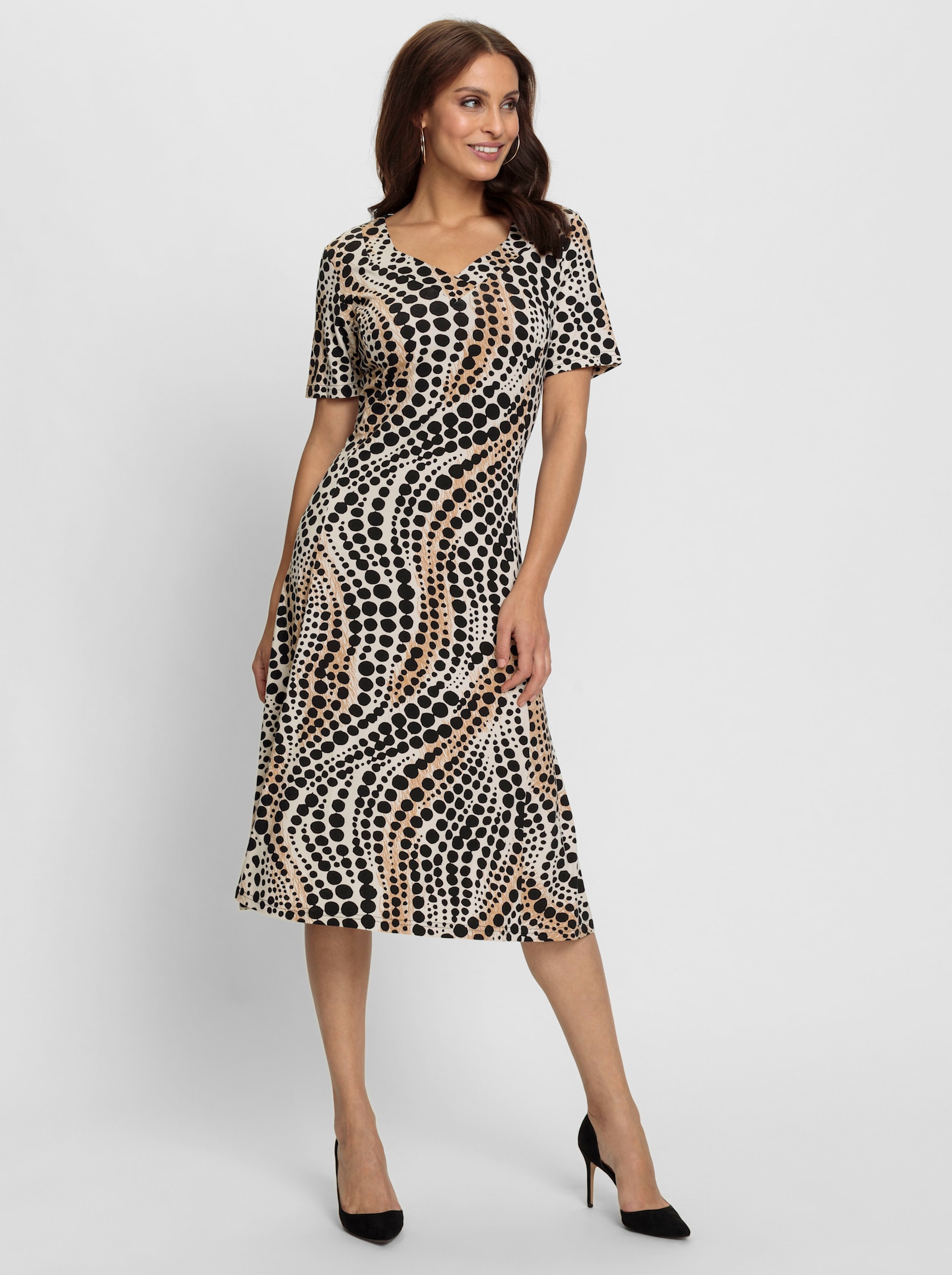 Jerseykleid im Punkte-Dessin - elfenbein-schwarz-bedruckt