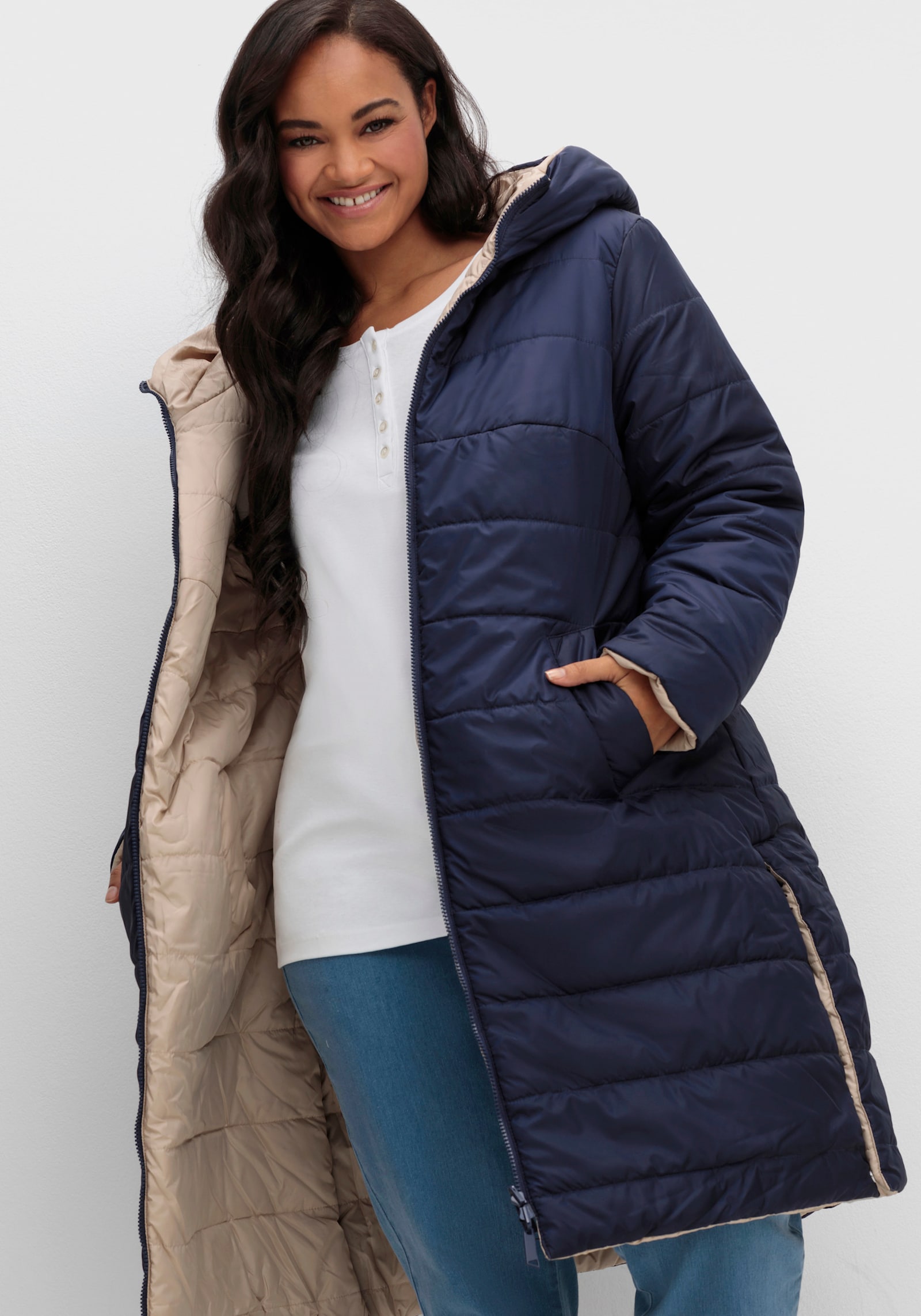 Steppmantel zum Wenden, wattiert - marine-beige