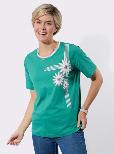 Kurzarmshirt mit platziertem Blütenprint - smaragd