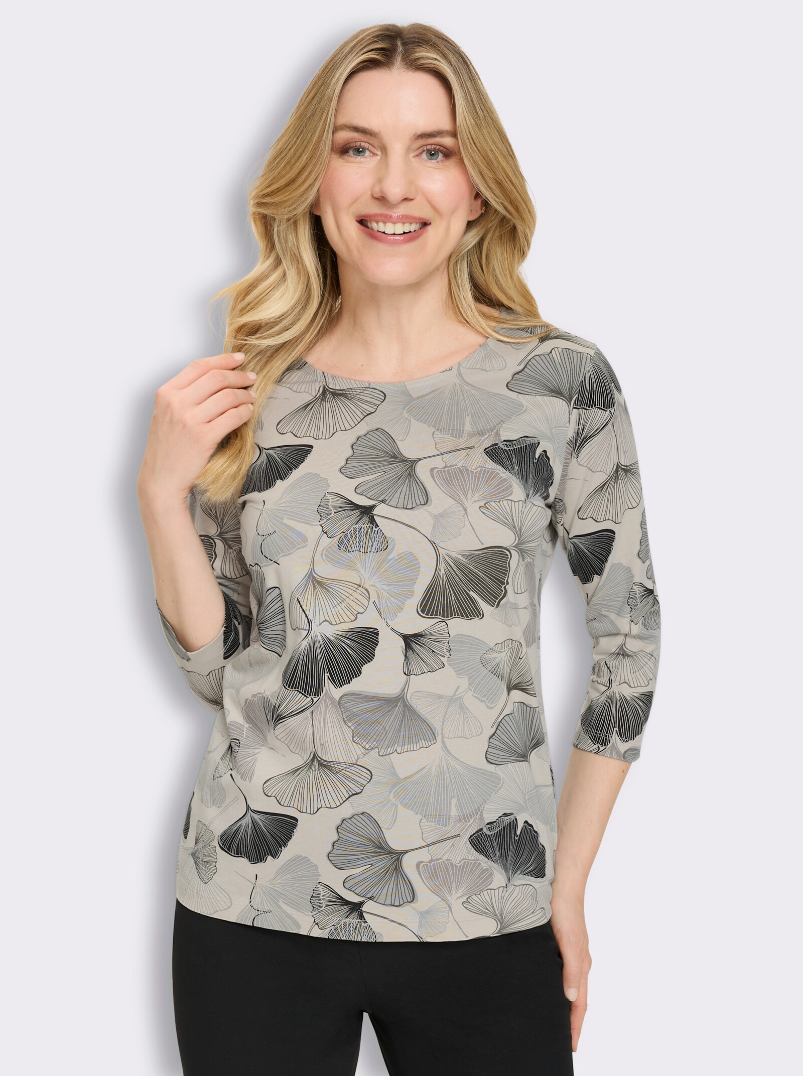 3/4-Arm-Shirt mit Ginkgo-Muster - hellgrau-schwarz-bedruckt
