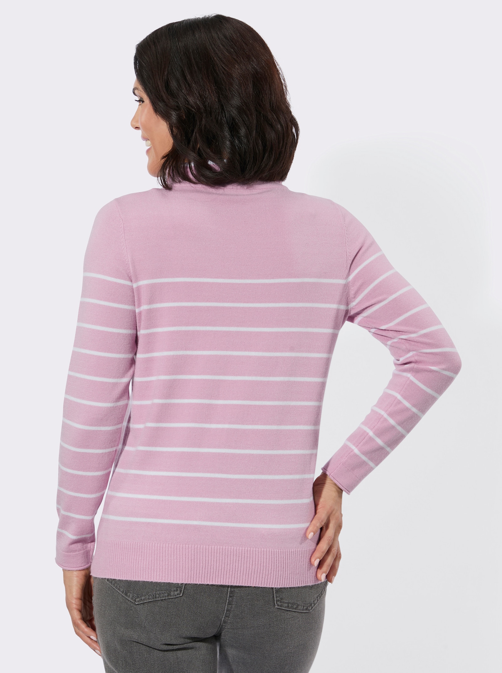 Stehkragenpullover mit sportiven Details - rosé-ecru-geringelt