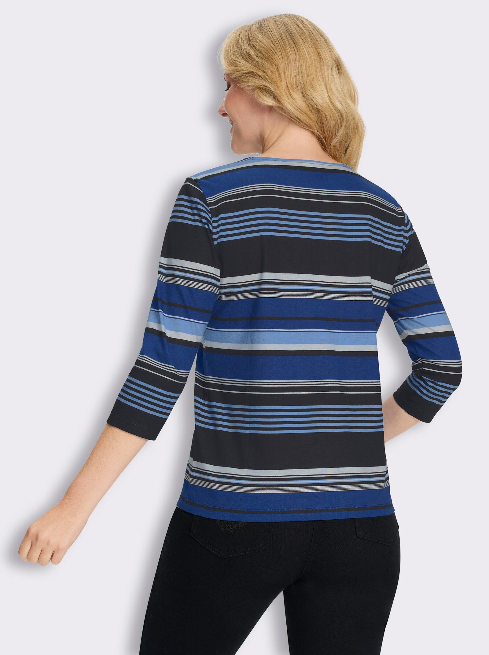 3/4-Arm-Shirt aus Baumwolle, gestreift - royalblau-schwarz-geringelt