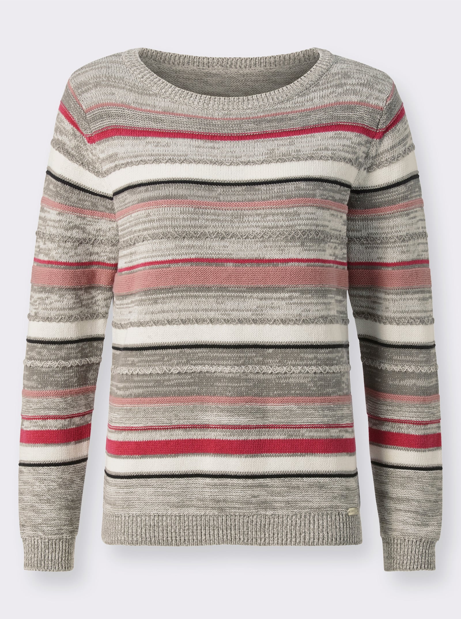 Langarm-Pullover mit Strickmuster-Mix - hellgrau-ecru-geringelt