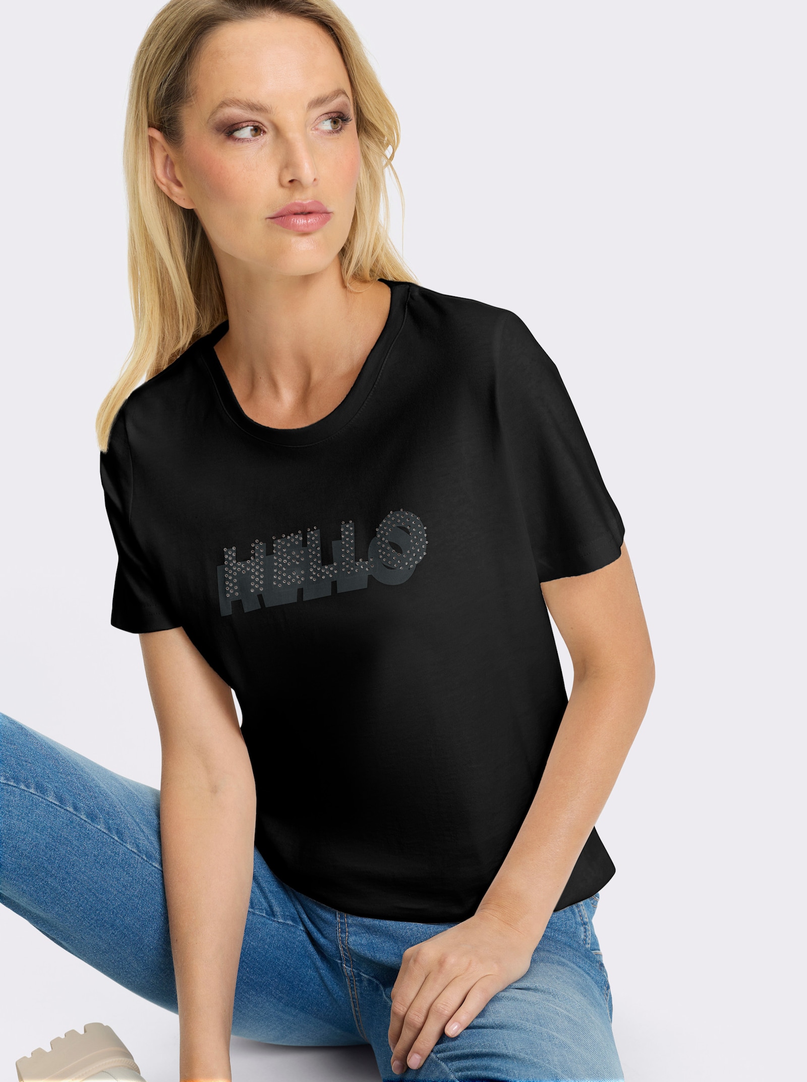 heine T-Shirt mit Glitzersteinchen - schwarz