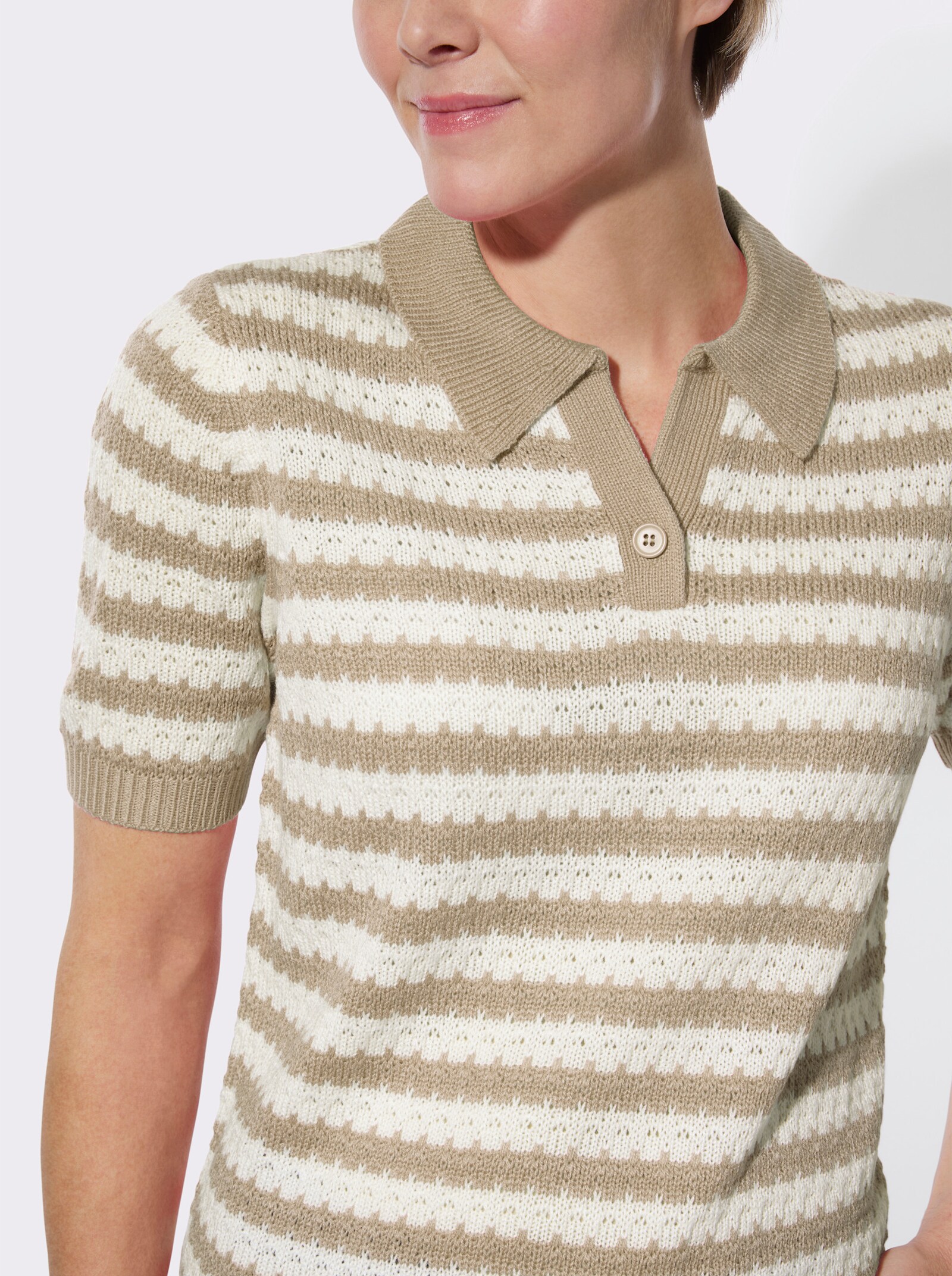 Polopullover mit Ajourmuster - sand-ecru-geringelt