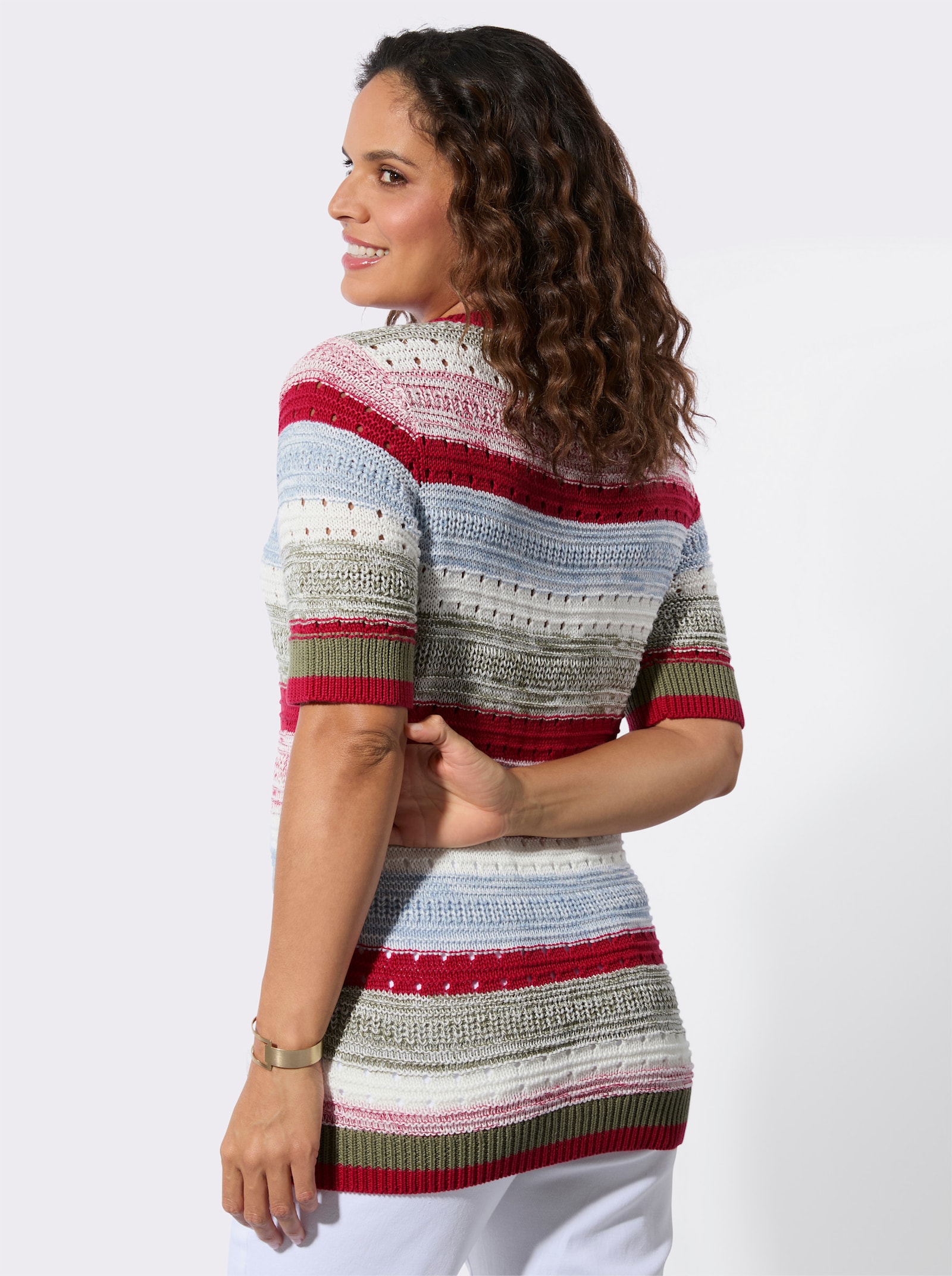Kurzarmpullover mit Strickmuster rundum - erdbeere-ecru-geringelt