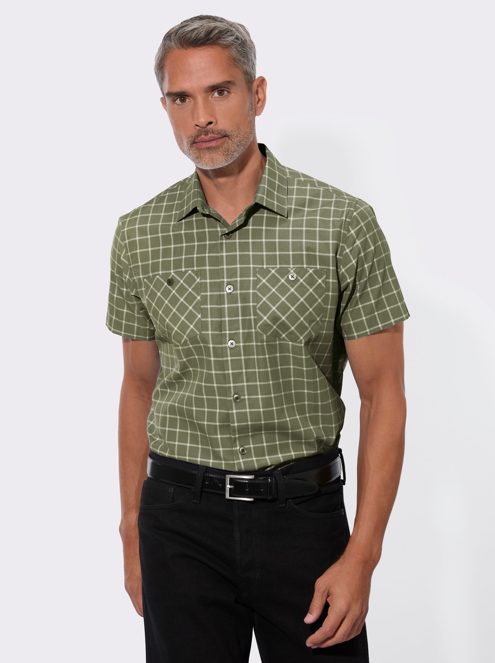 Karohemd mit aufgesetzten Brusttaschen - khaki-ecru-kariert