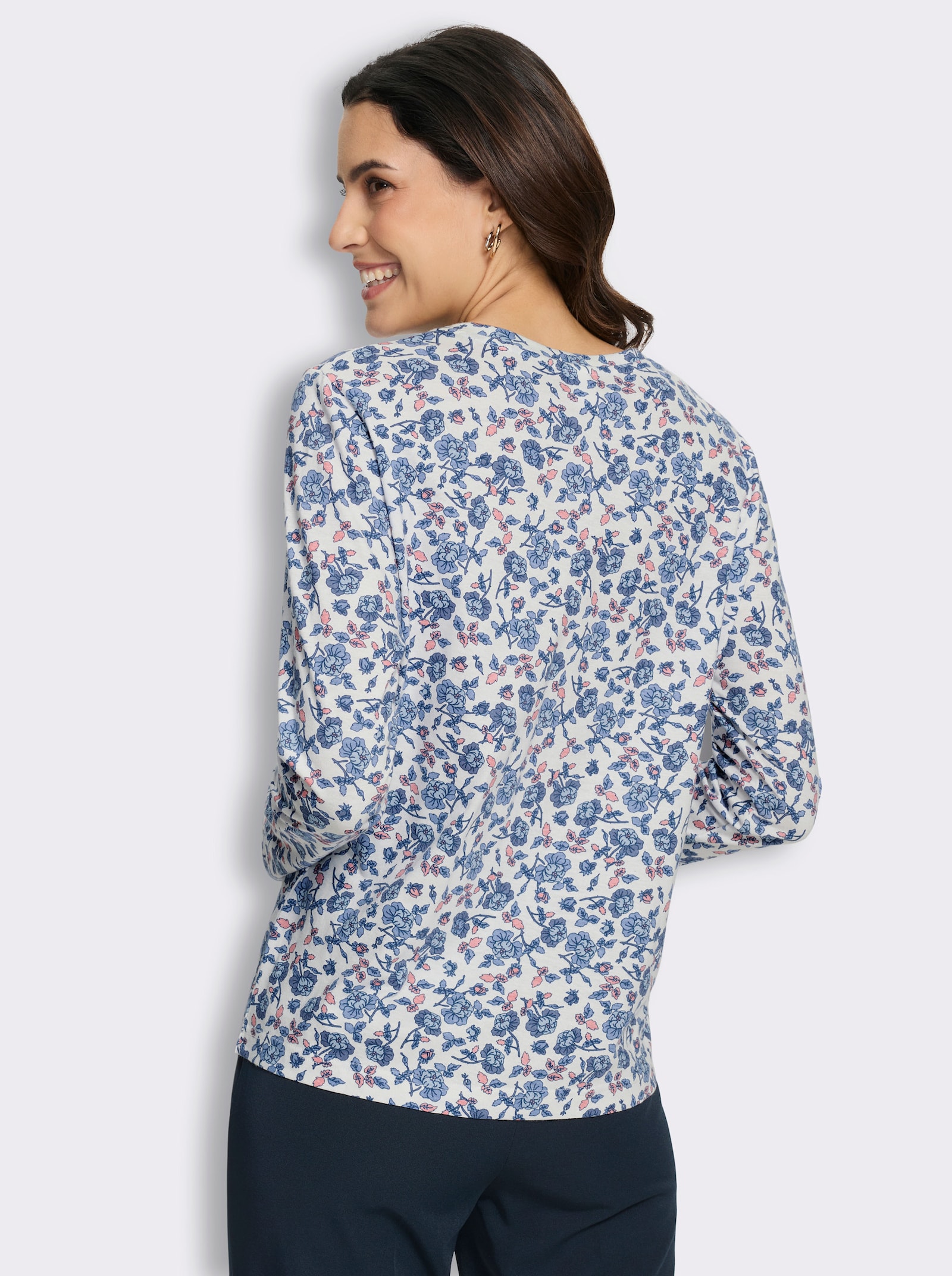 Print-Shirt mit floralem Muster - ecru-jeansblau-bedruckt