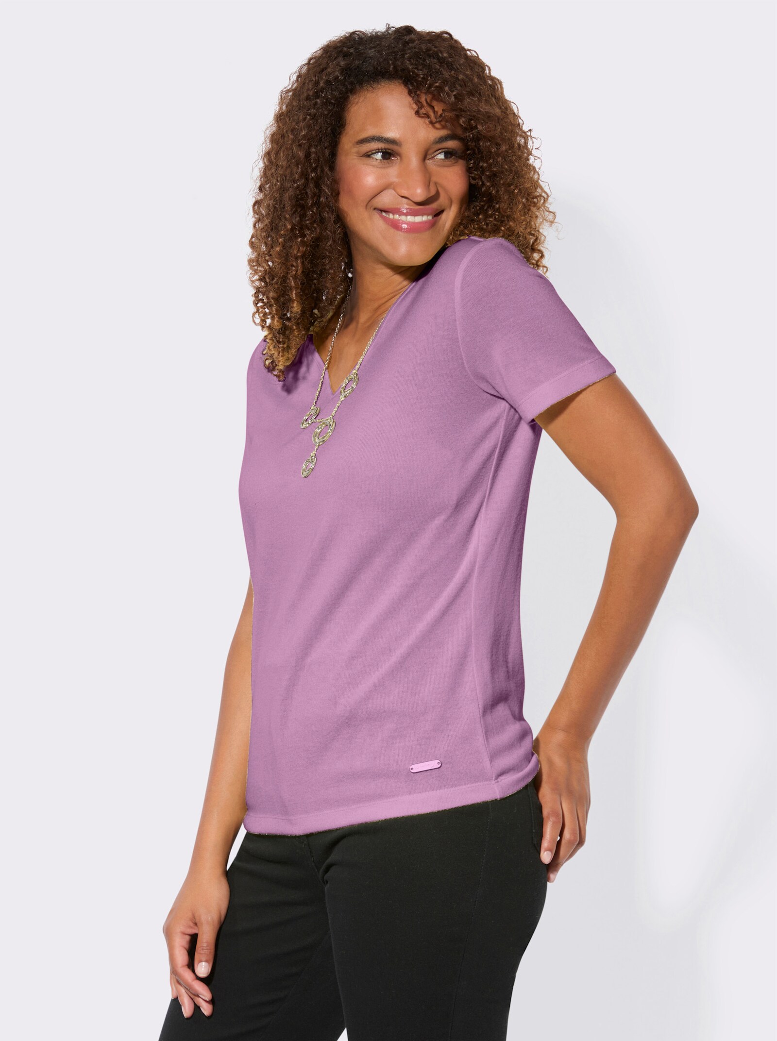 Kurzarmshirt mit Polokragen - orchidee