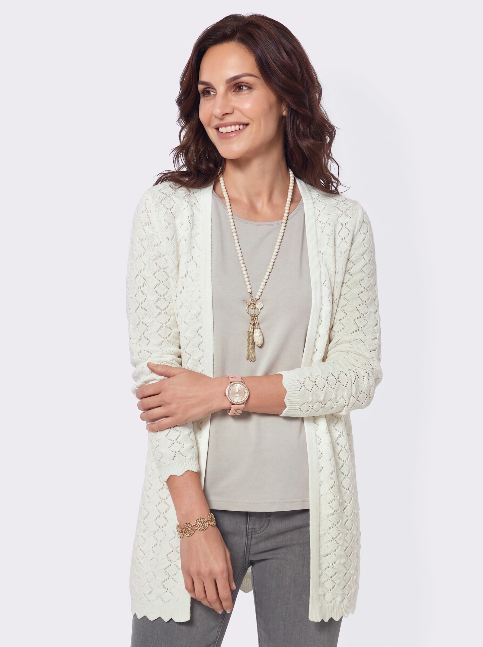 Longstrickjacke mit glattem Rückenteil - ecru