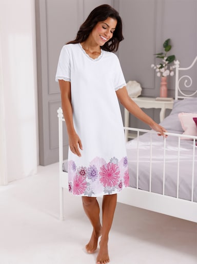 wäschepur Kurzarm-Sleepshirt mit Blumenbordüre - weiß-fuchsia-bedruckt