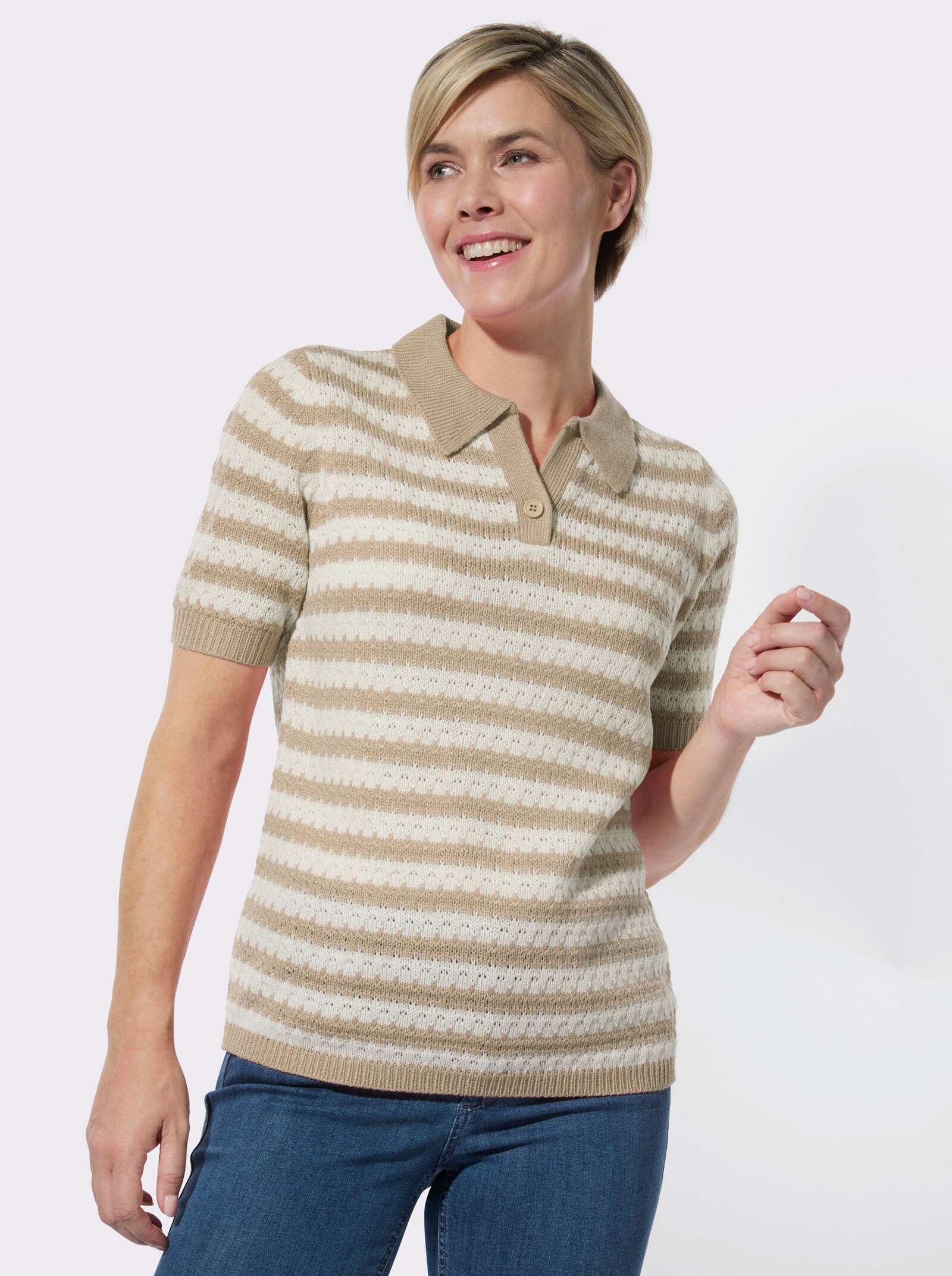 Polopullover mit Ajourmuster - sand-ecru-geringelt