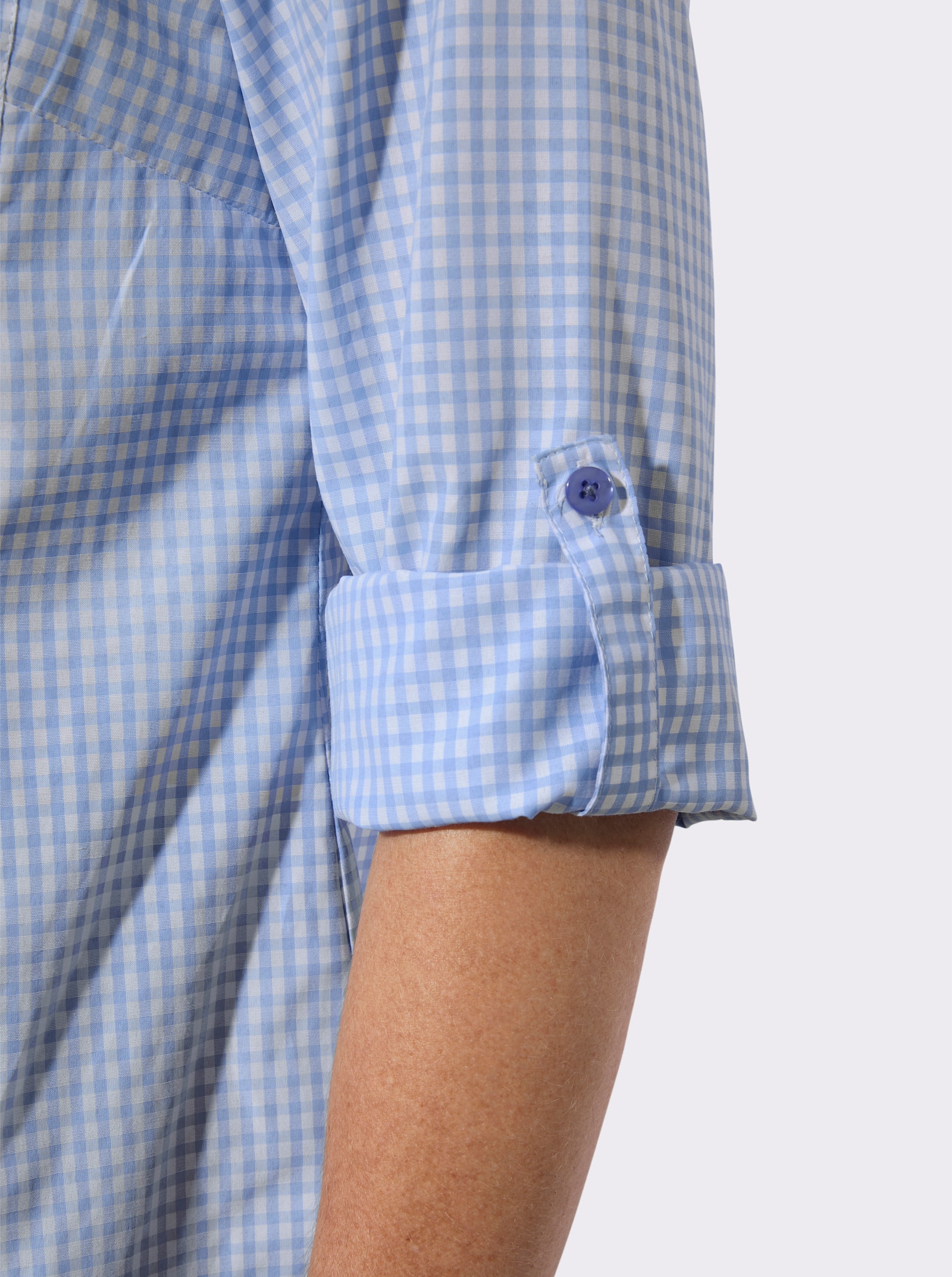 Longbluse im pflegeleichten Materialmix - himmelblau-weiss-kariert