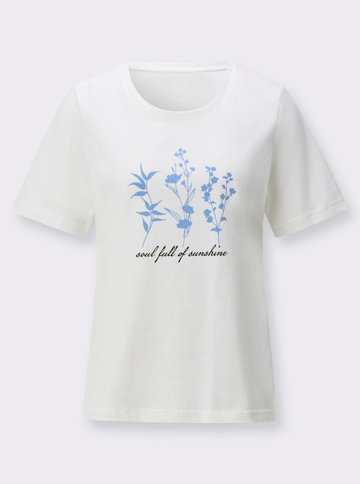 Kurzarmshirt mit floralem Motiv - ecru-himmelblau-bedruckt