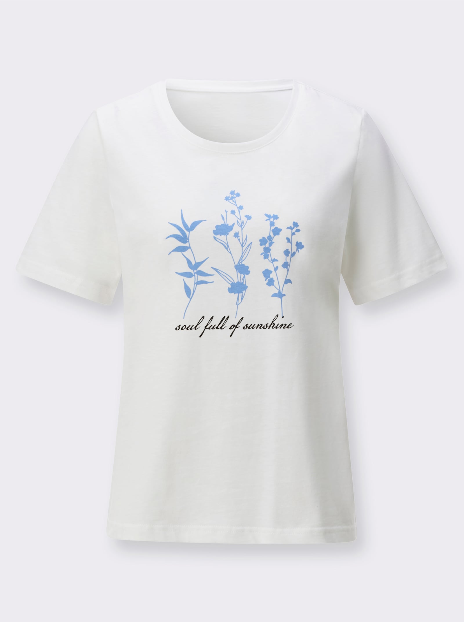 Kurzarmshirt mit floralem Motiv - ecru-himmelblau-bedruckt