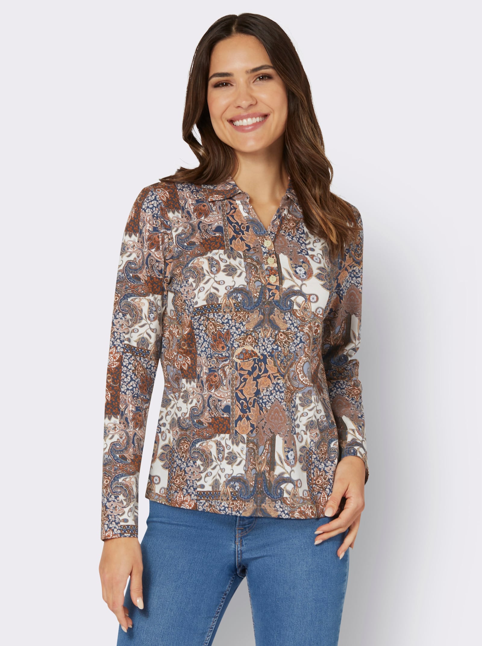 Langarm-Poloshirt mit Druckmuster - dunkelblau-cognac-bedruckt