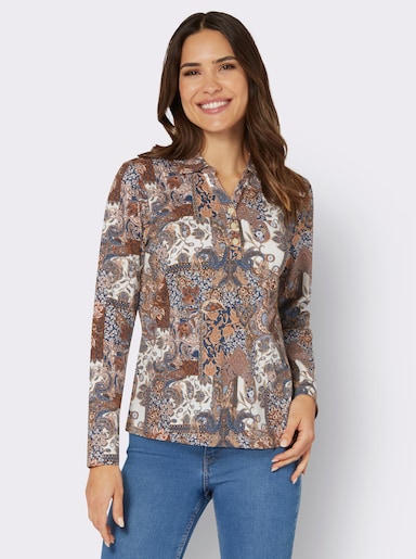 Langarm-Poloshirt mit Druckmuster - dunkelblau-cognac-bedruckt