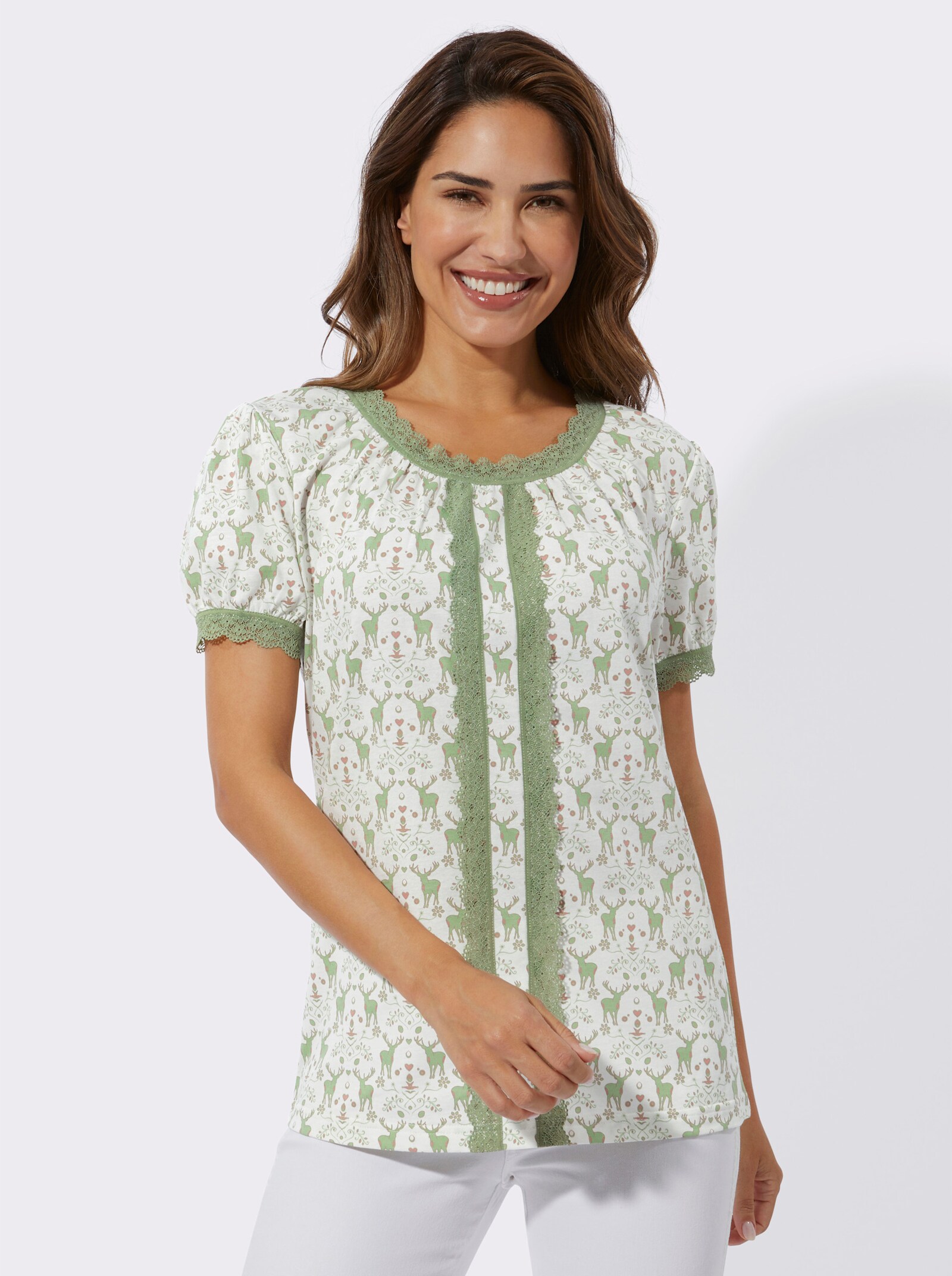 Trachtenshirt mit Spitzen-Verzierung - ecru-eucalyptus-bedruckt