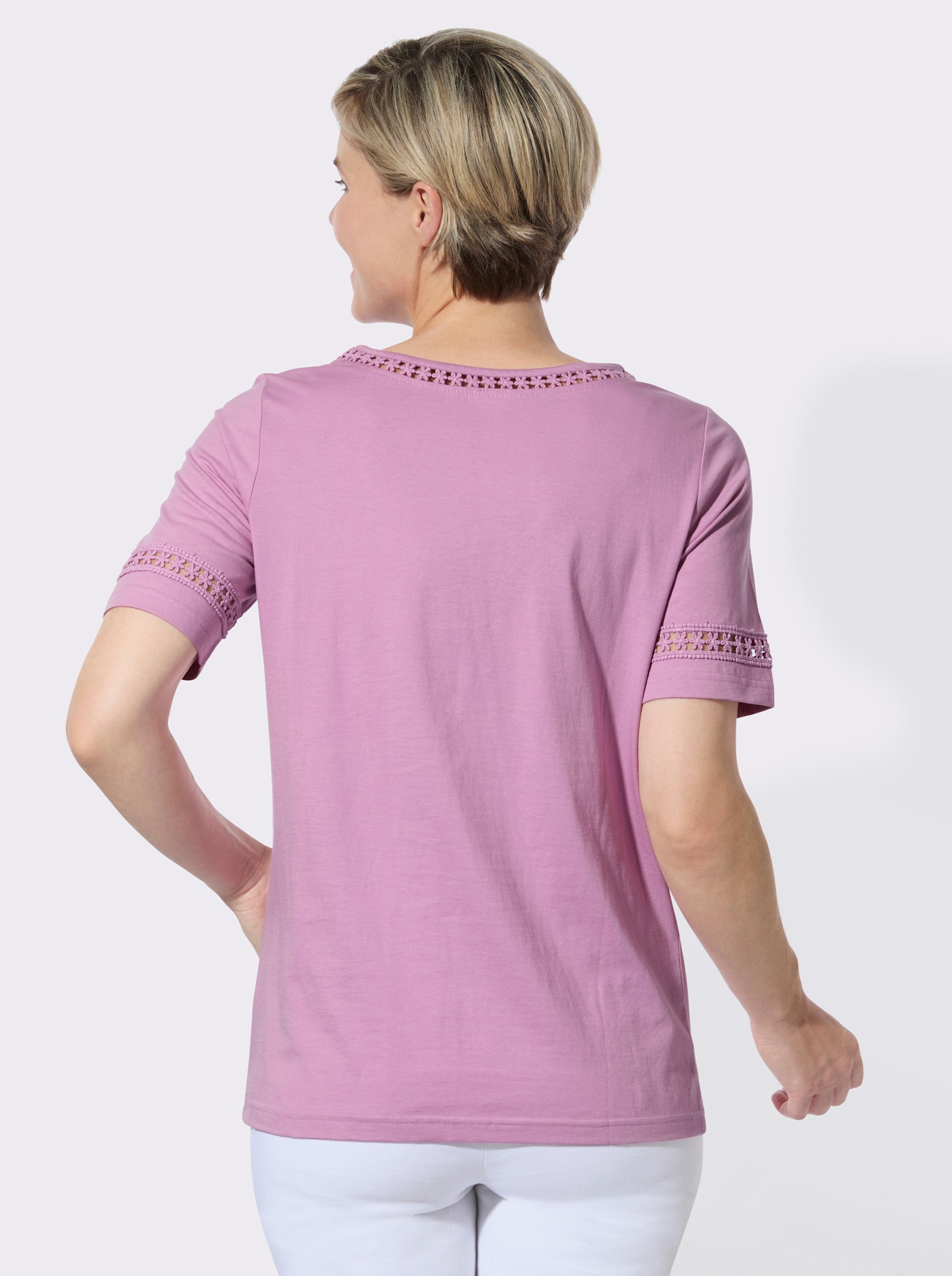 Kurzarmshirt mit Häkelspitze - orchidee