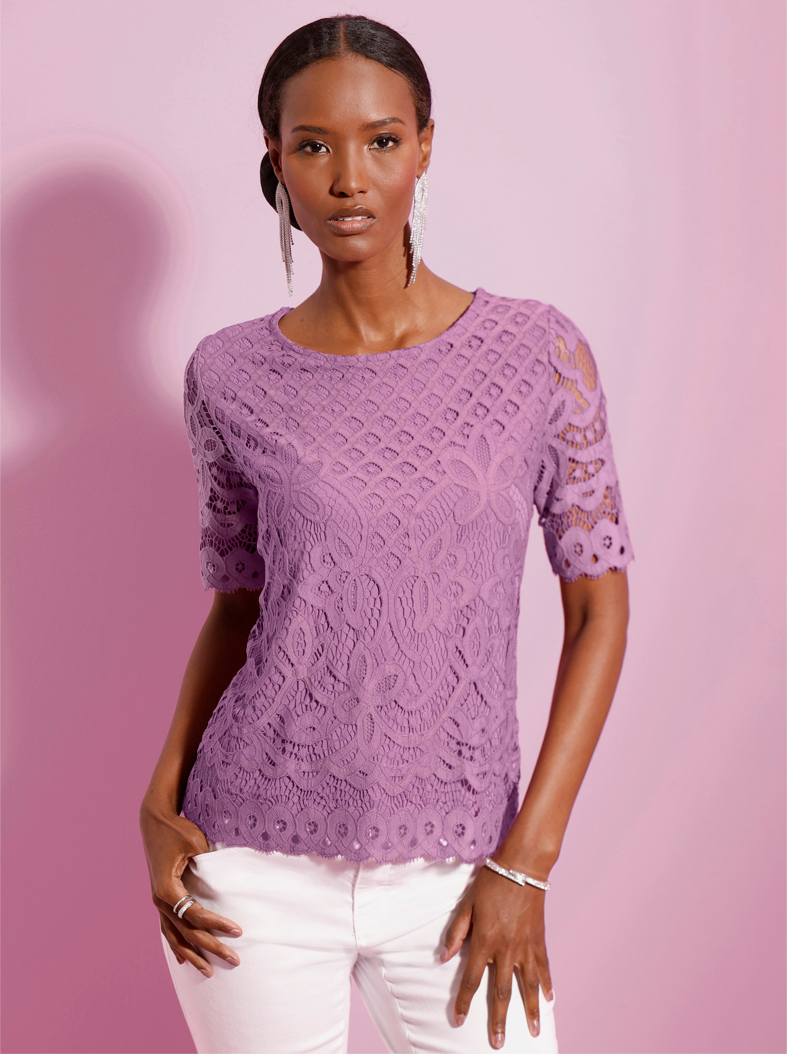 Spitzenshirt mit unterlegtem Body - orchidee