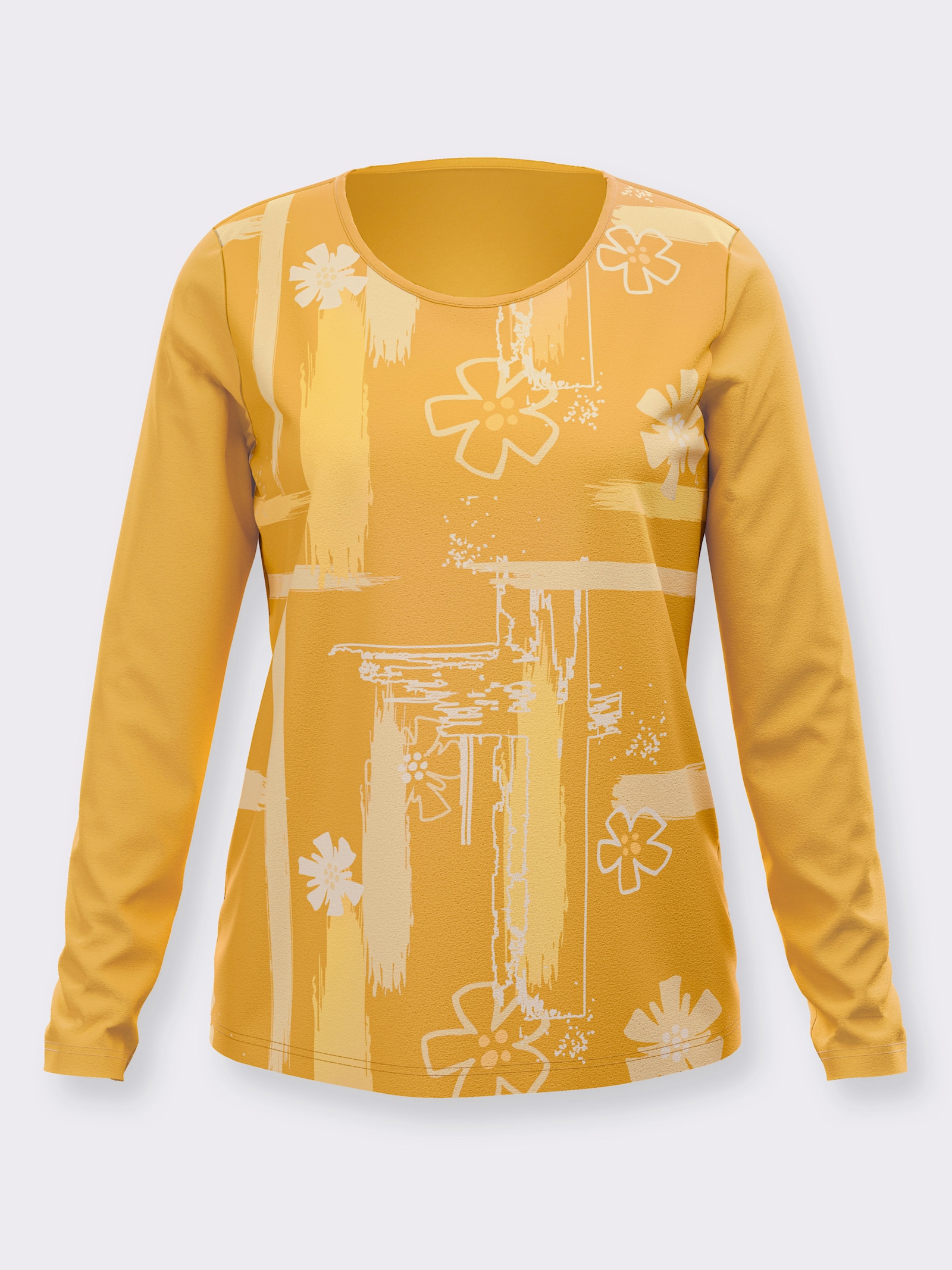 Rundhalsshirt mit Druckmuster vorne - ocker-vanille-bedruckt