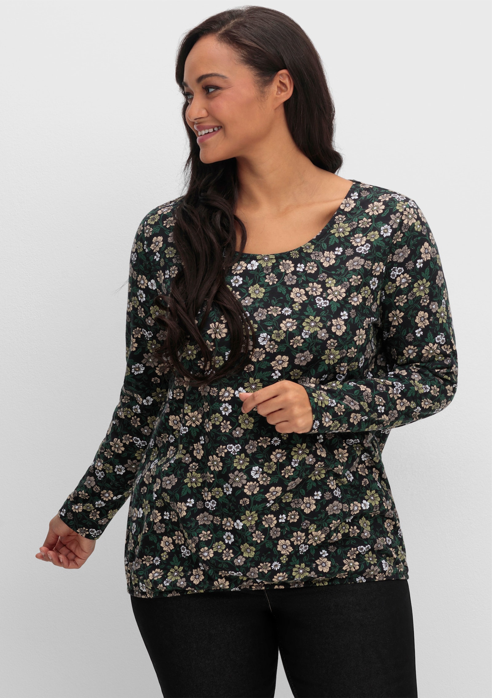 Langarmshirt im Blumen-Dessin - schwarz-schilf-bedruckt