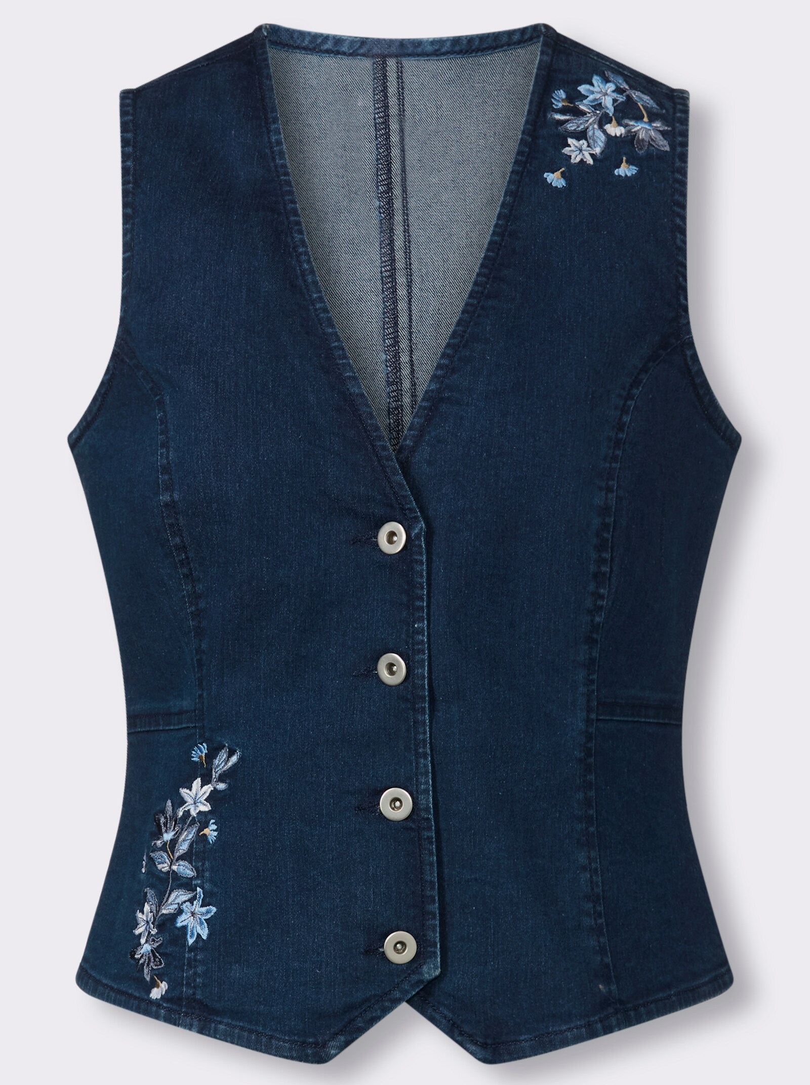 Jeansweste mit Blüten-Stickereien - blue-stone-washed