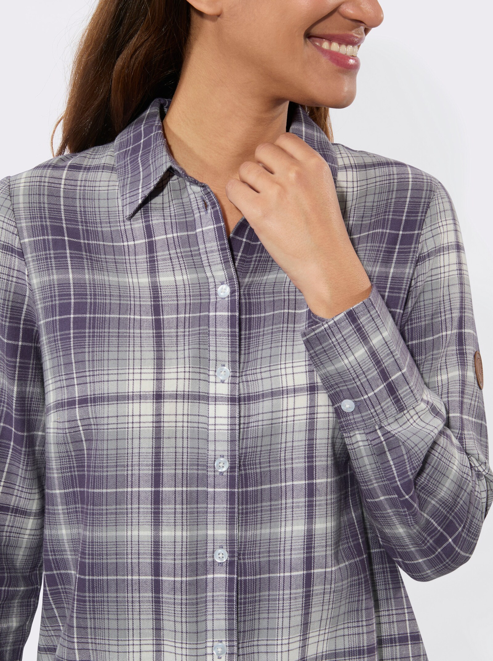 Flanellbluse mit Seitenschlitzen - feige-steingrau-kariert