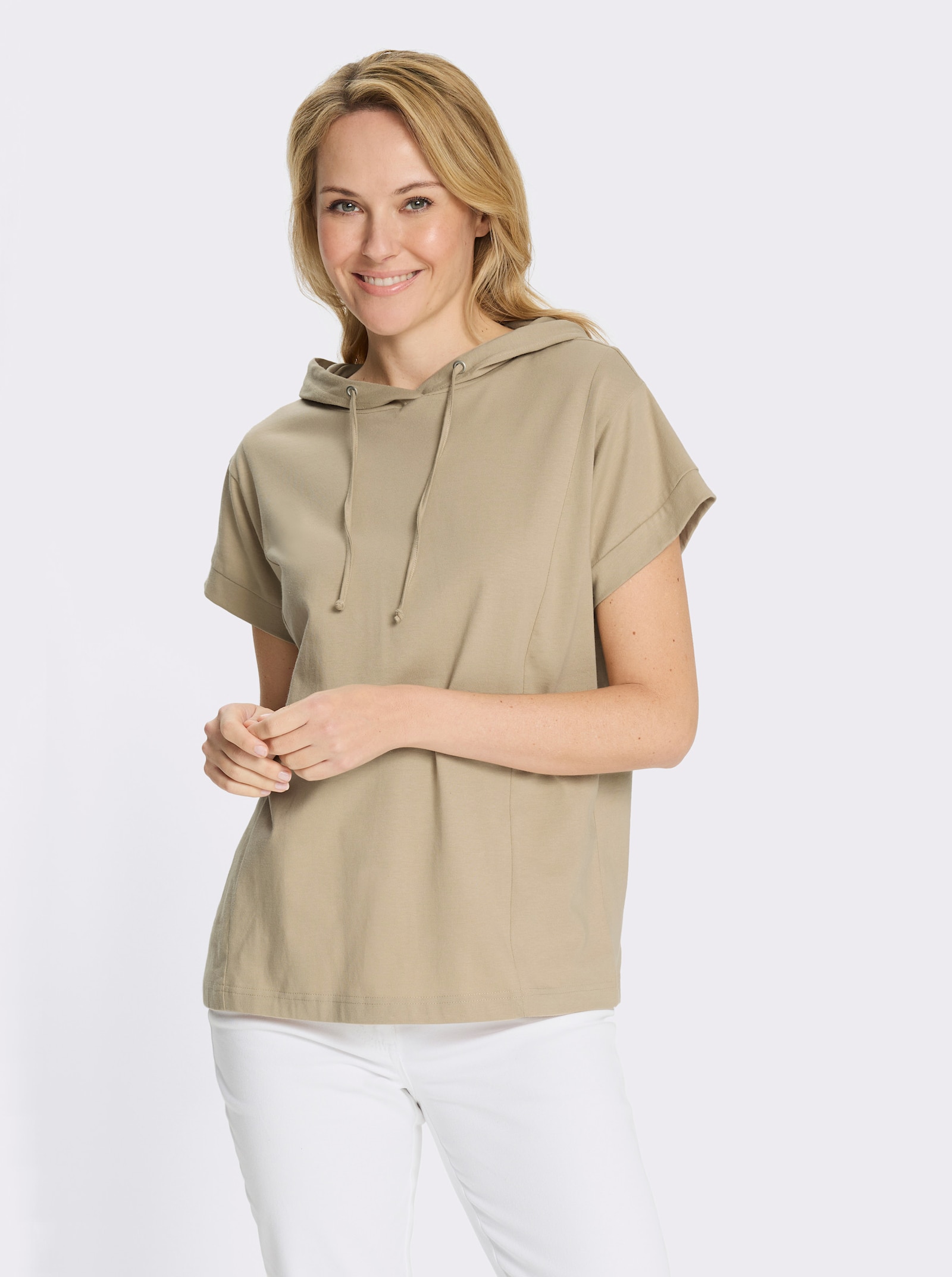 Shirt met capuchon en oversized schouders - beige