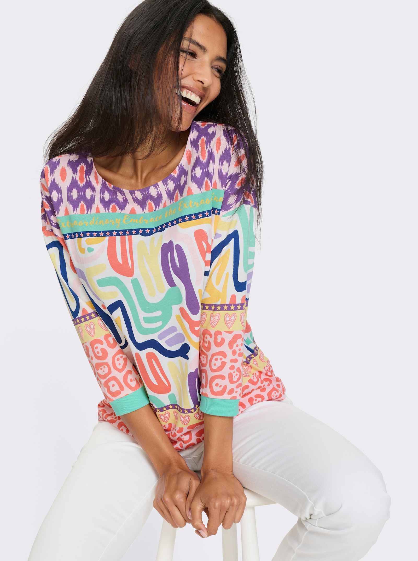 3/4-Arm-Shirt mit Bordüren-Print - weiß-koralle-bedruckt