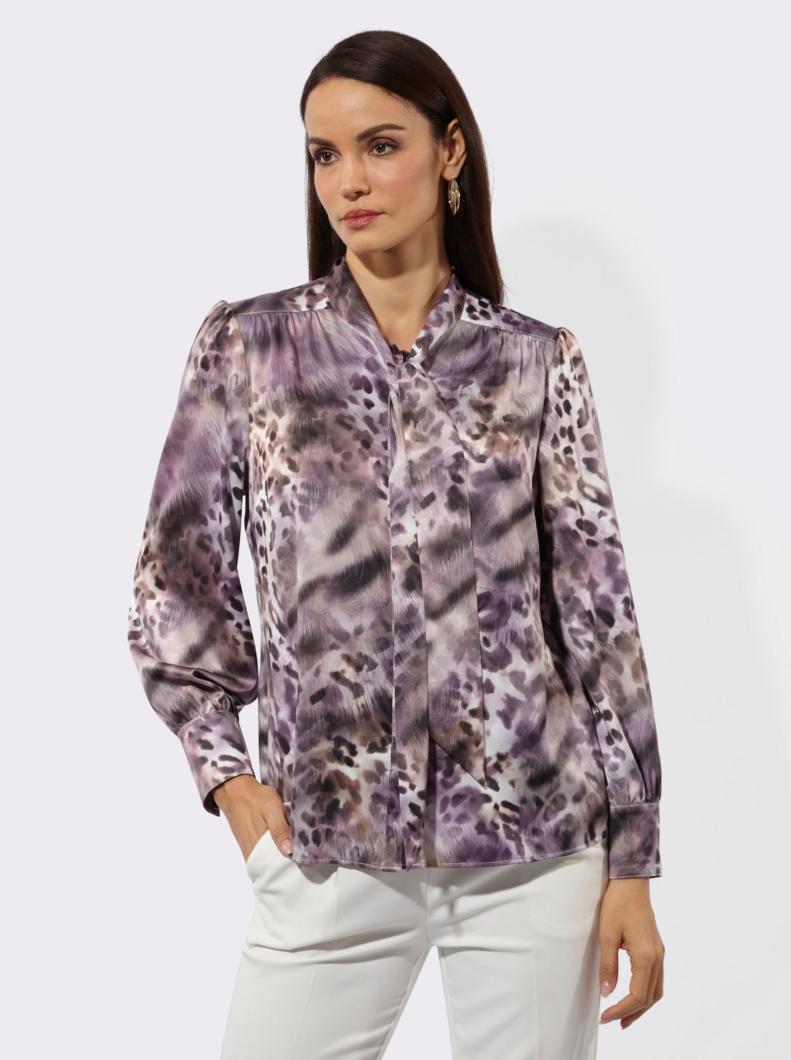 Schluppenbluse mit verdeckter Knopfleiste - champagner-schoko-bedruckt