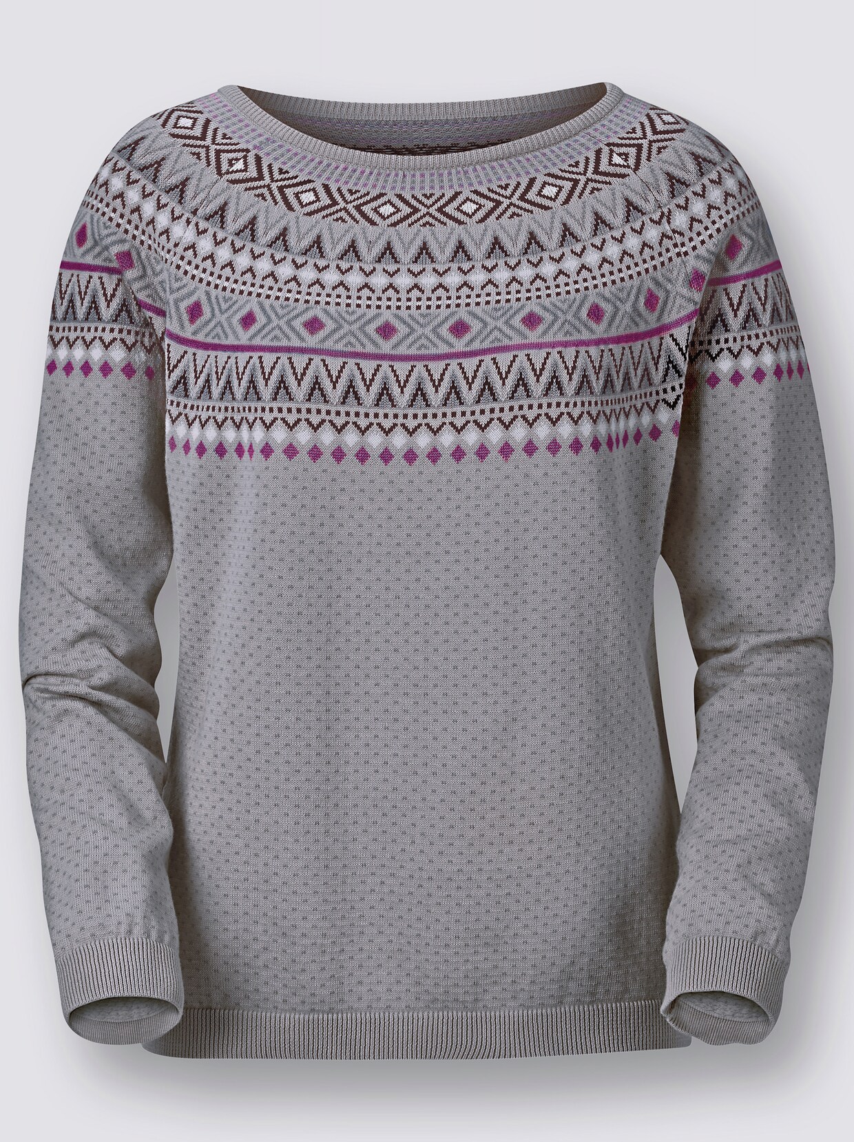 Norwegerpullover - grau-beere-gemustert