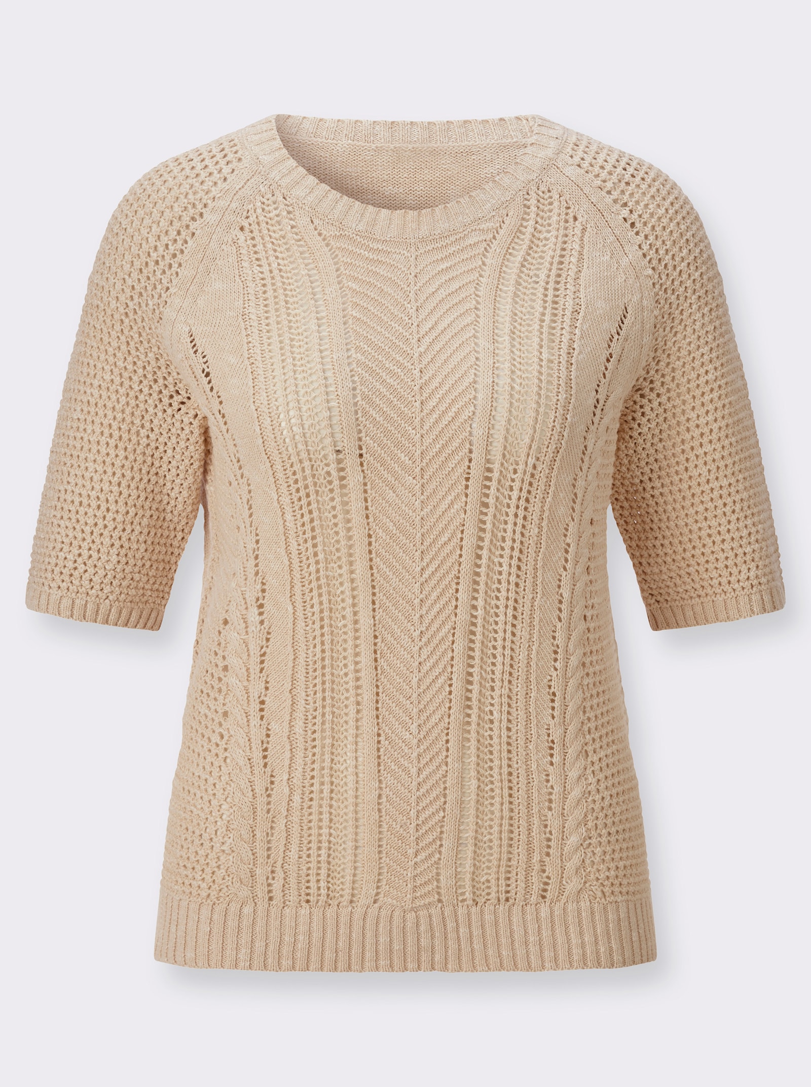 Kurzarmpullover im Strickmuster-Mix - sand-ecru-meliert