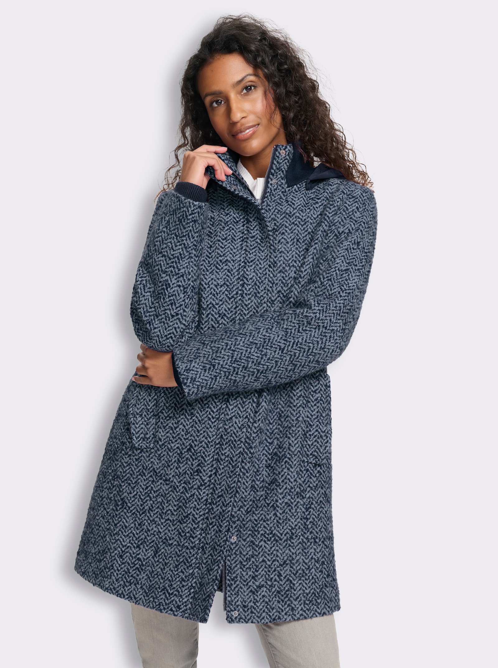 heine Longjacke in Bouclé-Qualität - marine-rauchblau-gemustert