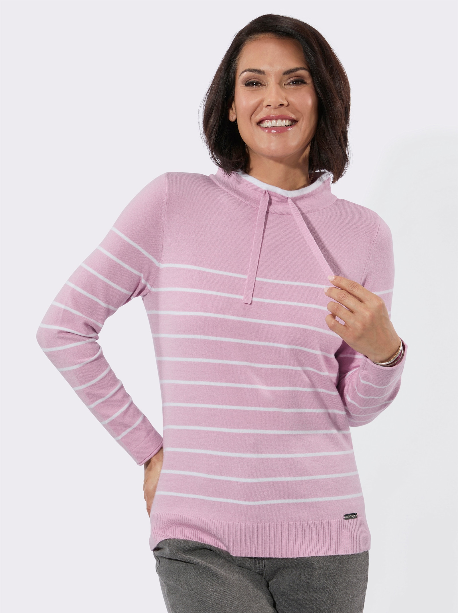 Stehkragenpullover mit sportiven Details - rosé-ecru-geringelt