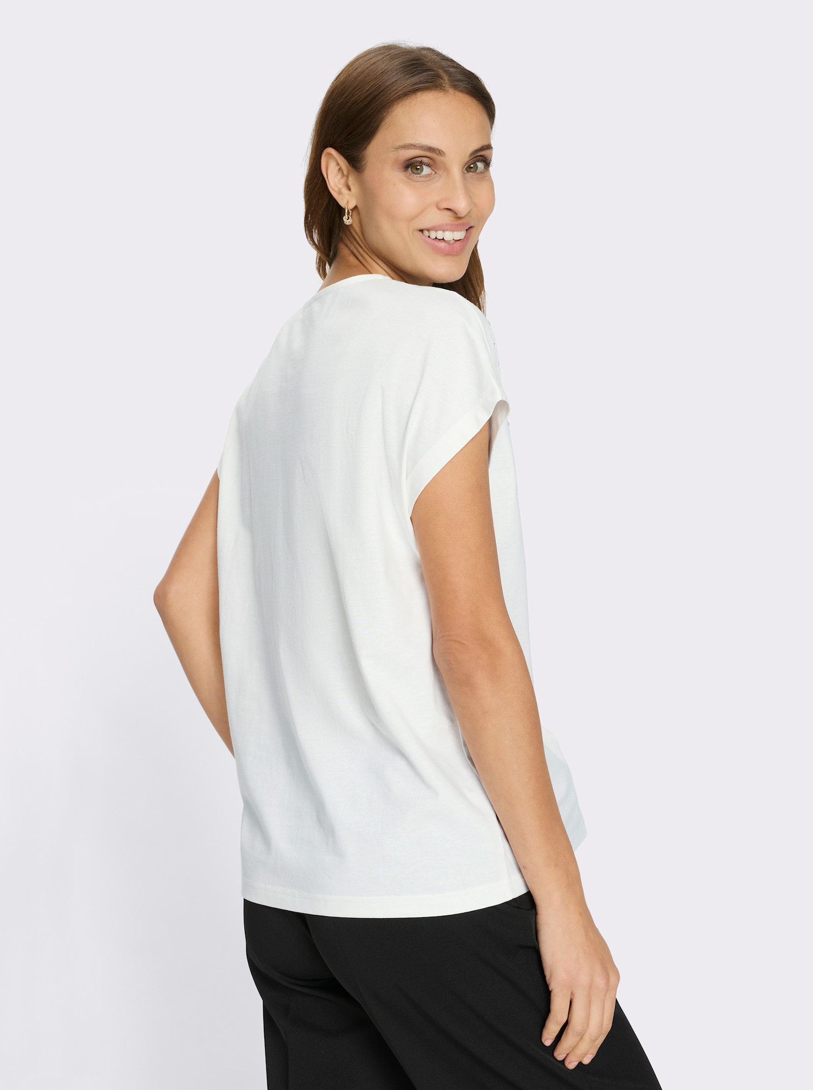 Rundhalsshirt mit Zierperlen und Glitzersteinchen - ecru